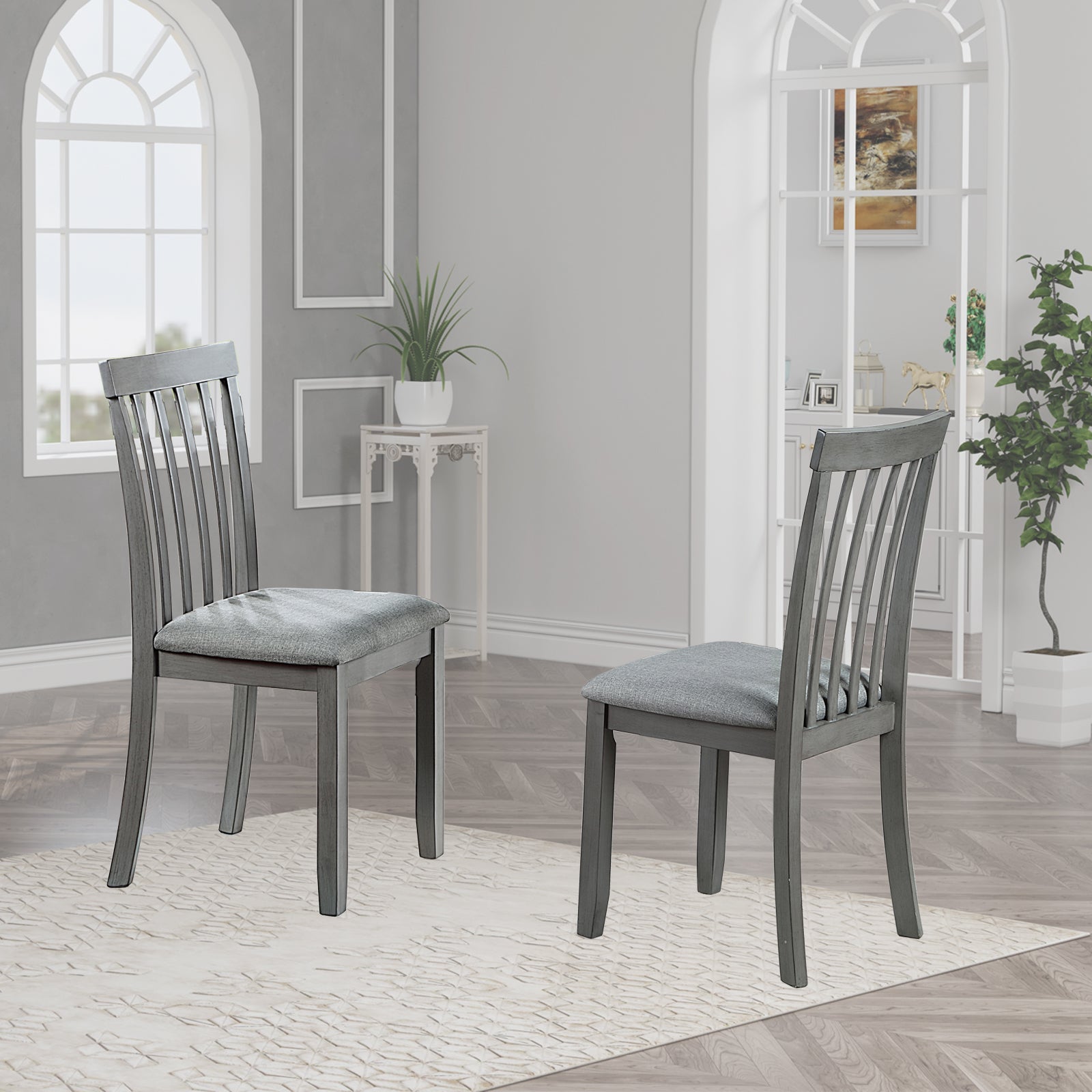 Gray wooden dining chair with upholstered seat
