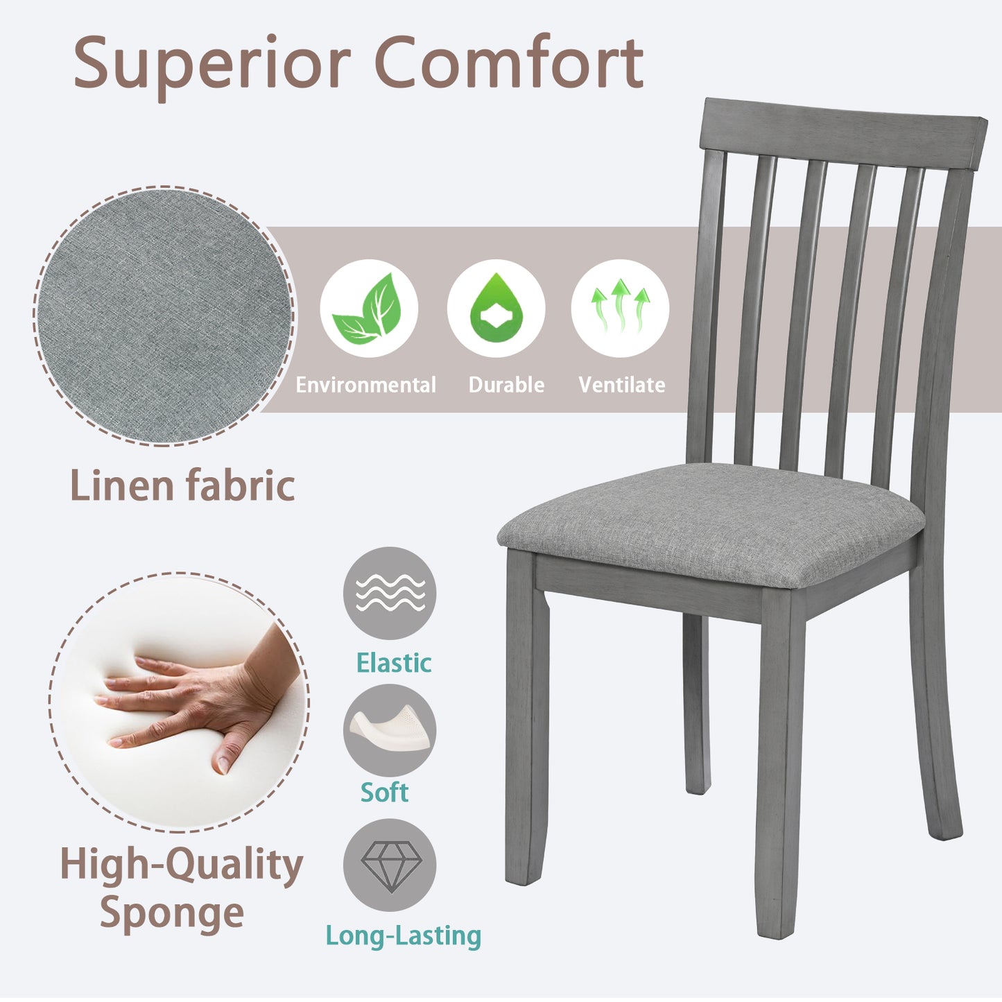 Gray dining chair with linen fabric seat and highquality sponge