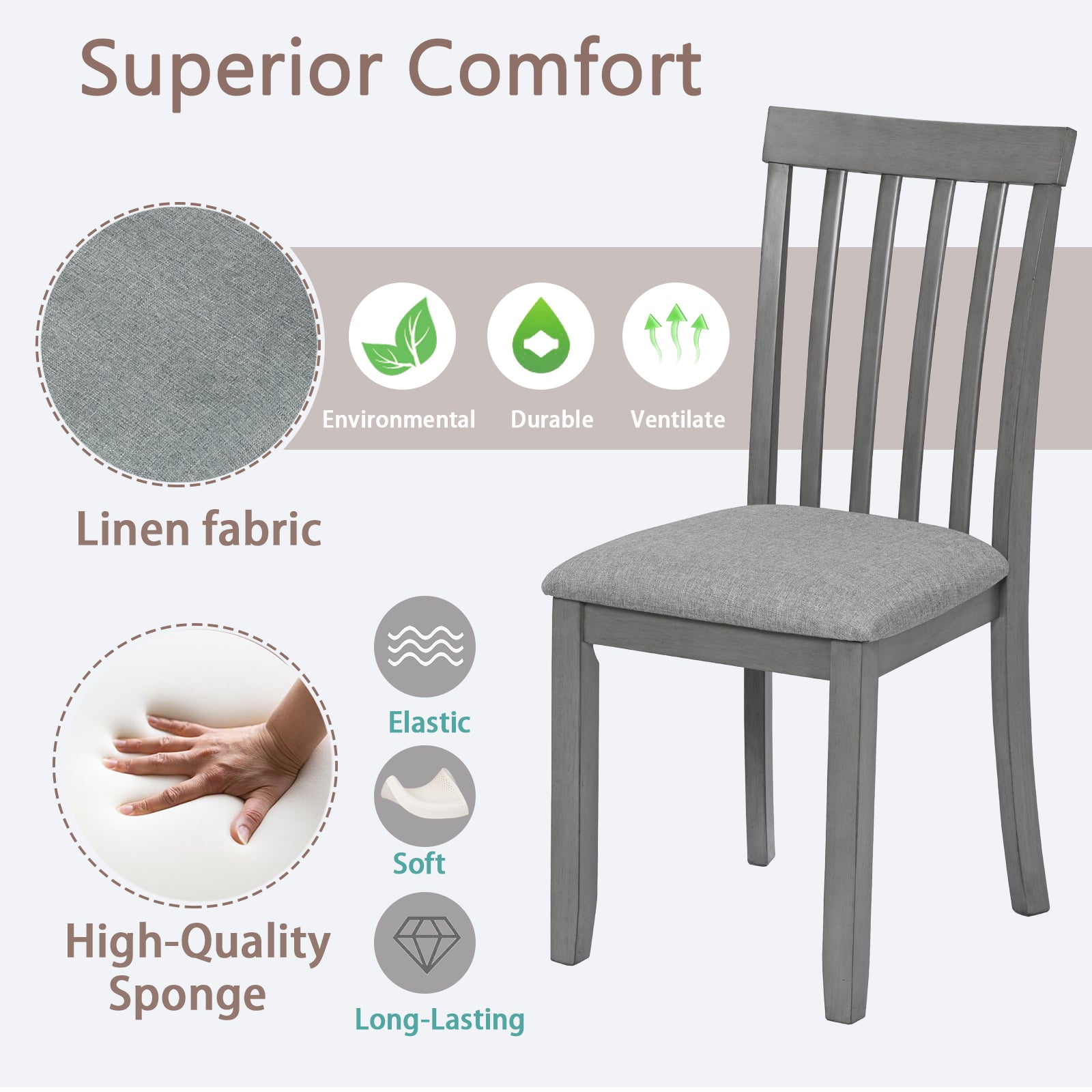 Gray dining chair with linen fabric seat and highquality sponge