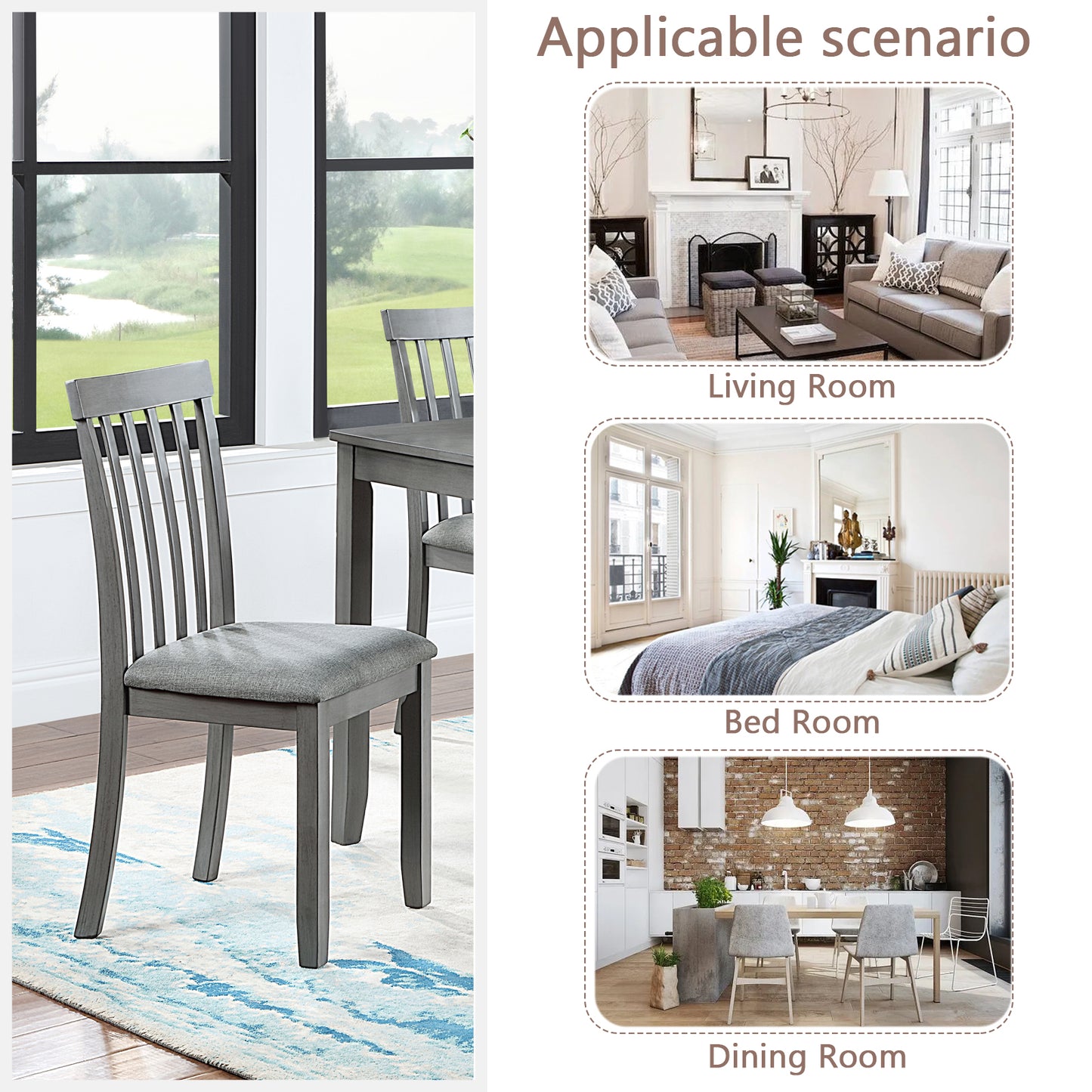 Gray upholstered dining chair with vertical slatted back