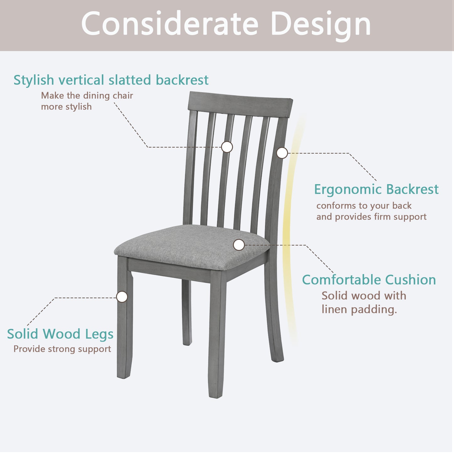 Gray wooden dining chair with slatted back and linen cushion