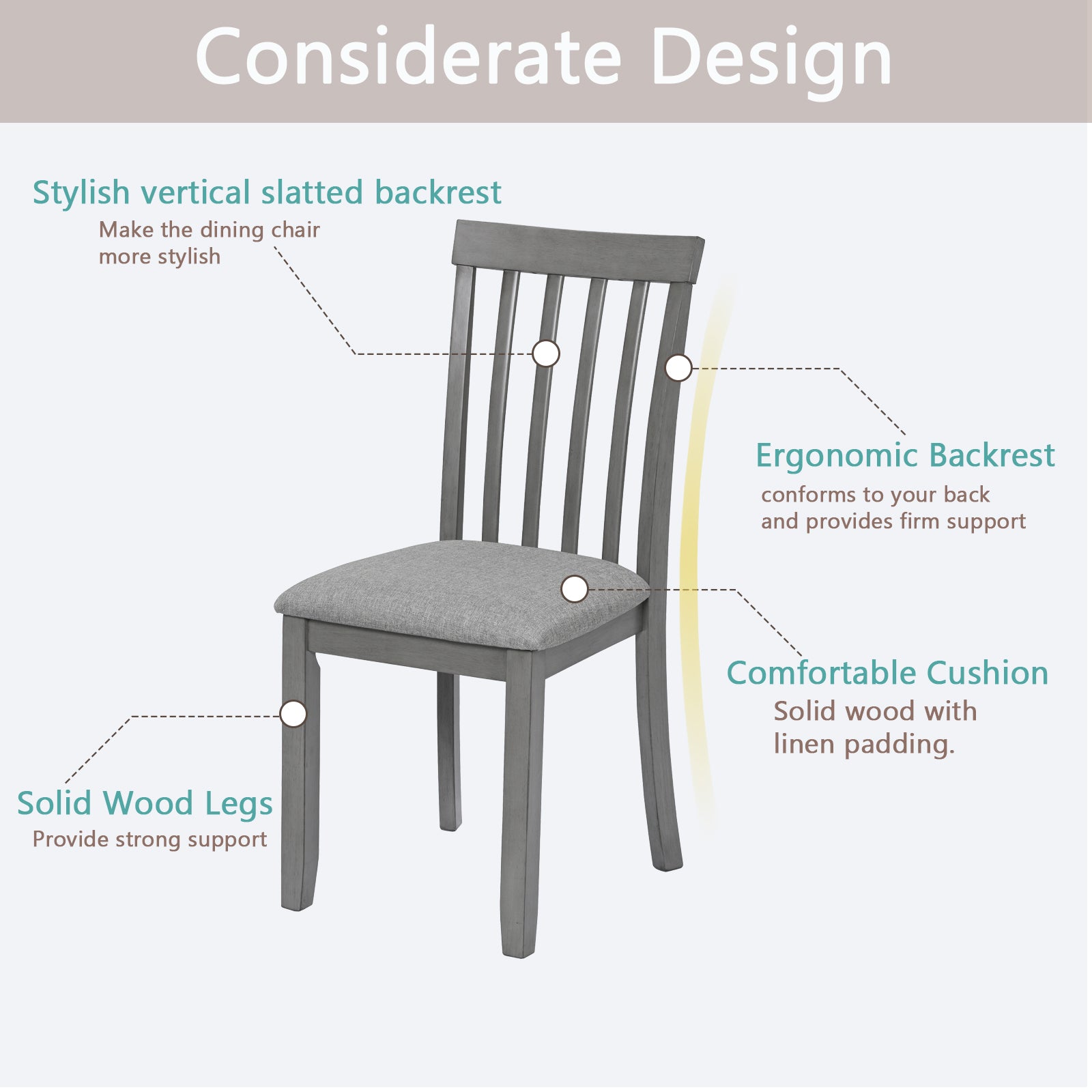 Gray wooden dining chair with slatted back and linen cushion