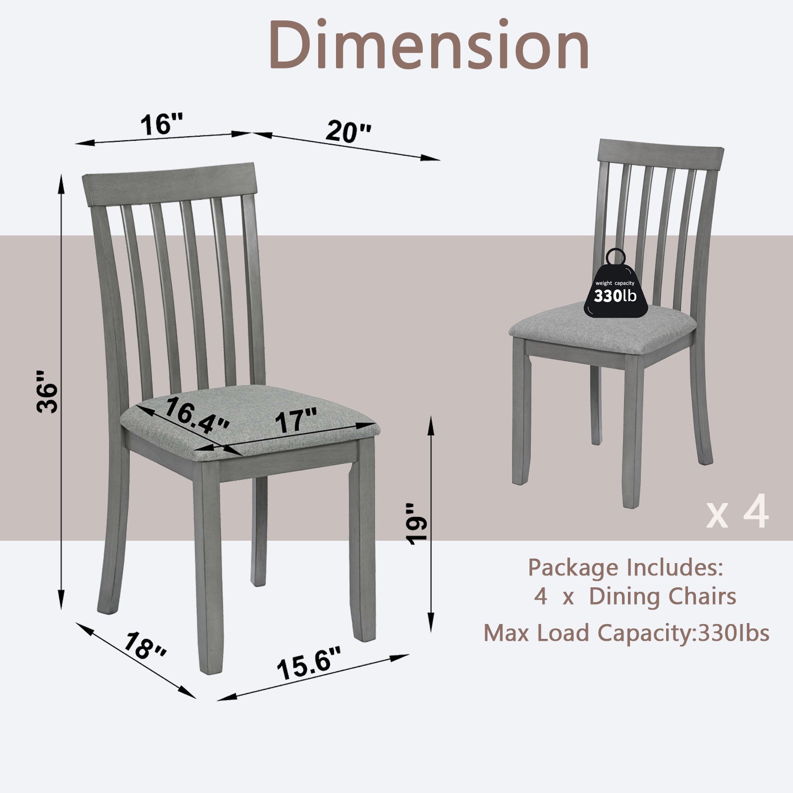 Grey wooden dining chair with upholstered seat and slatted back