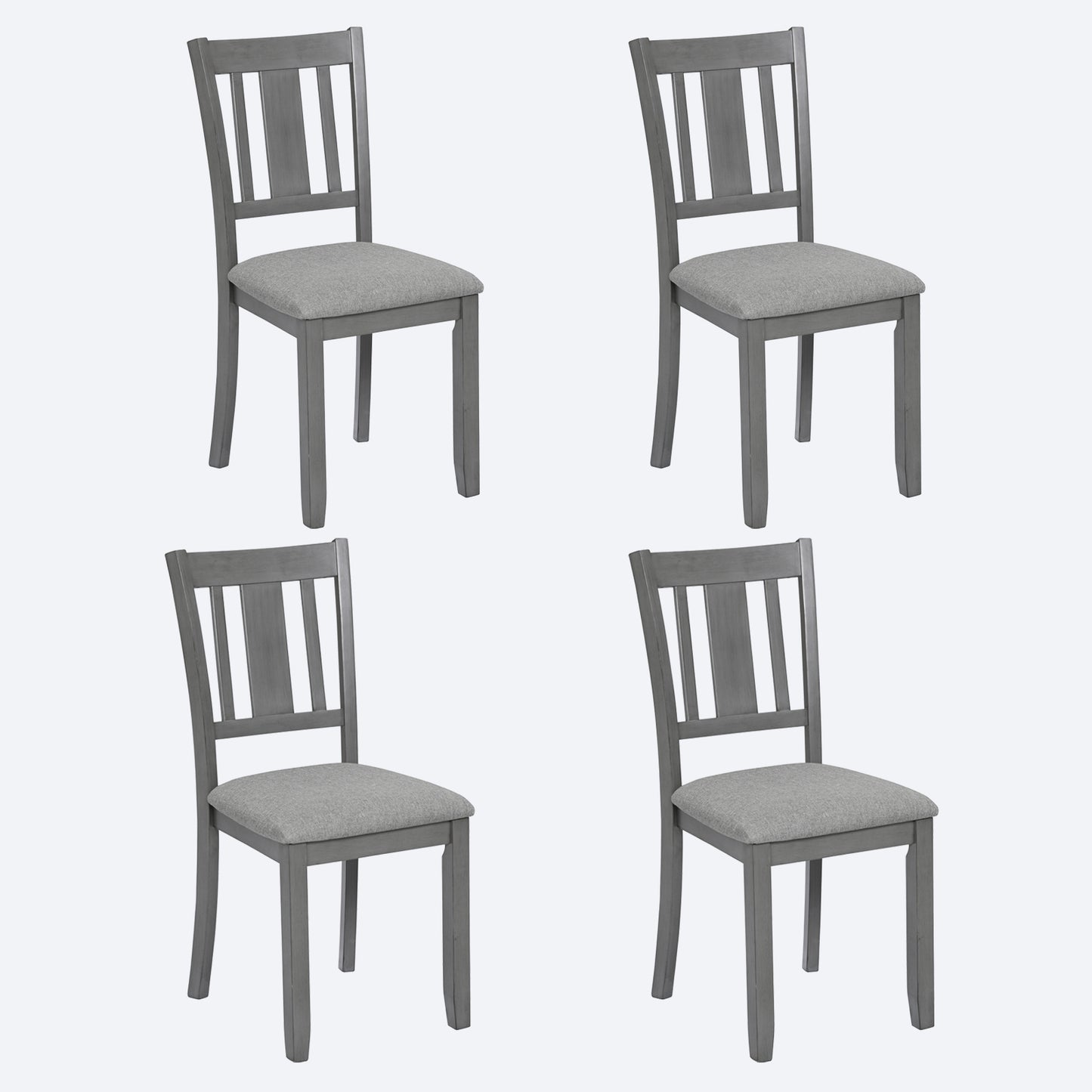Set of four gray wooden dining chairs with upholstered seat