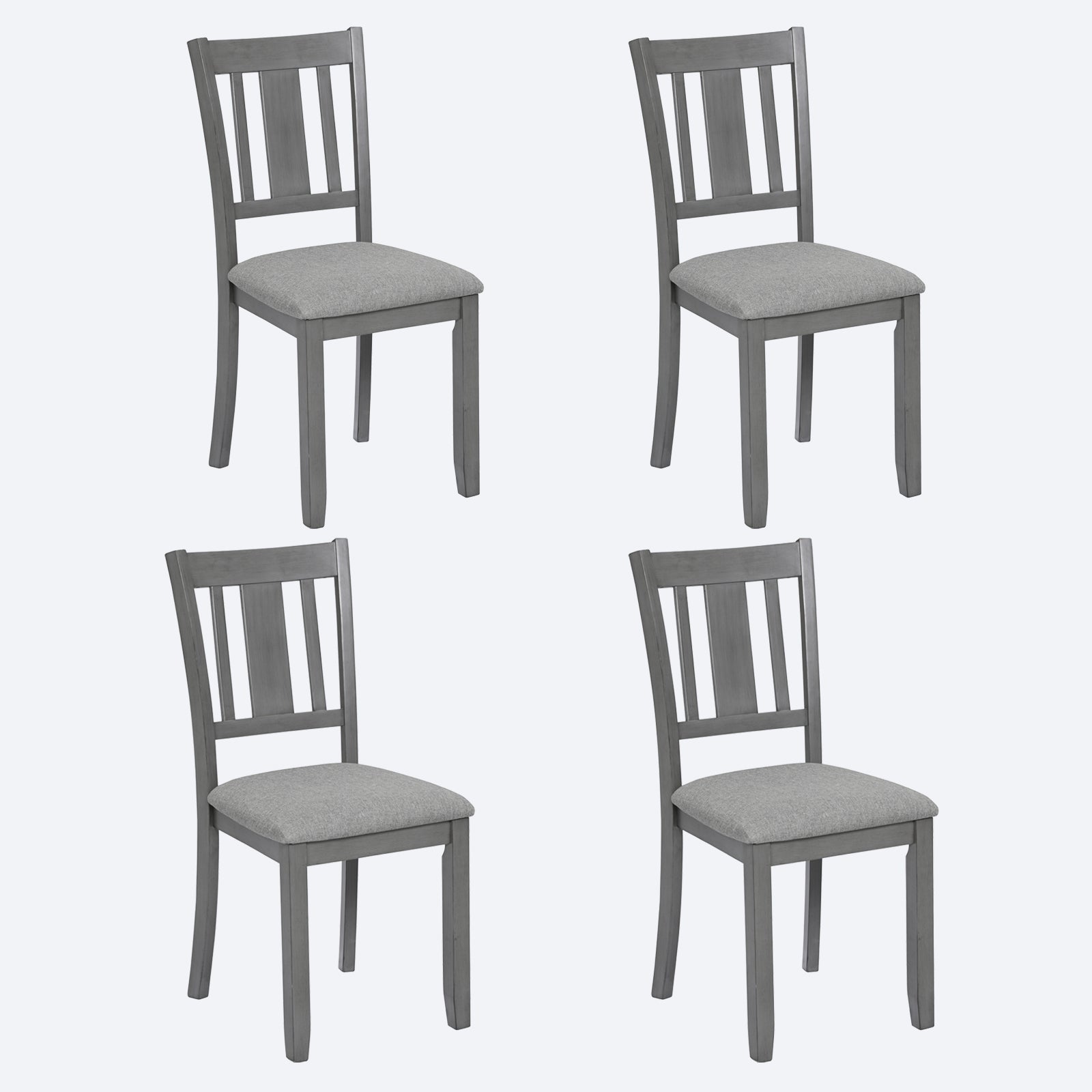 Set of four gray wooden dining chairs with upholstered seat