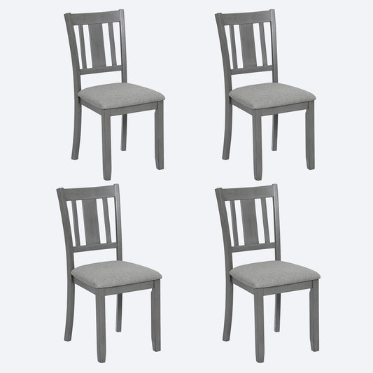 Set of four gray wooden dining chairs with upholstered seat