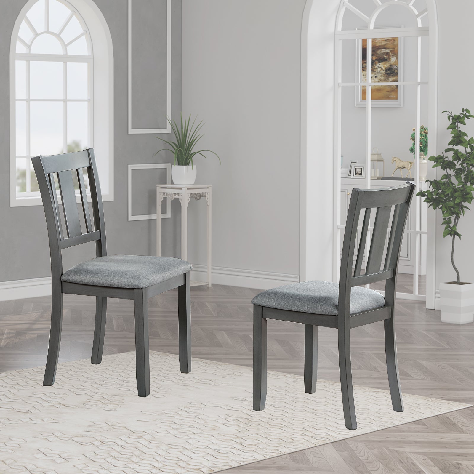 Gray wooden dining chair with upholstered seat