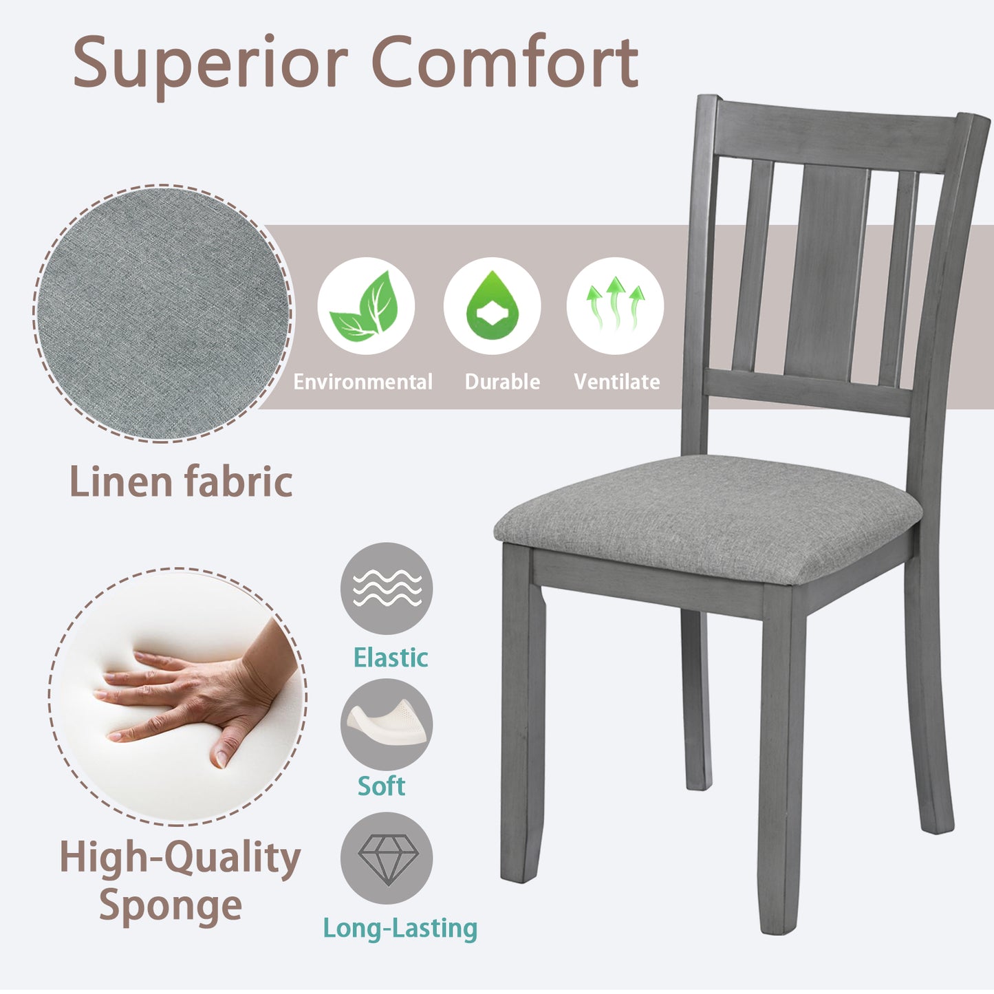 Gray wooden dining chair with linen fabric seat