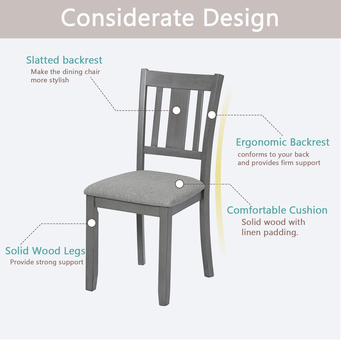 Gray dining chair with slatted backrest and linen cushion