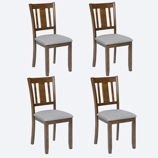 Four brown wood dining chairs with gray upholstered seats
