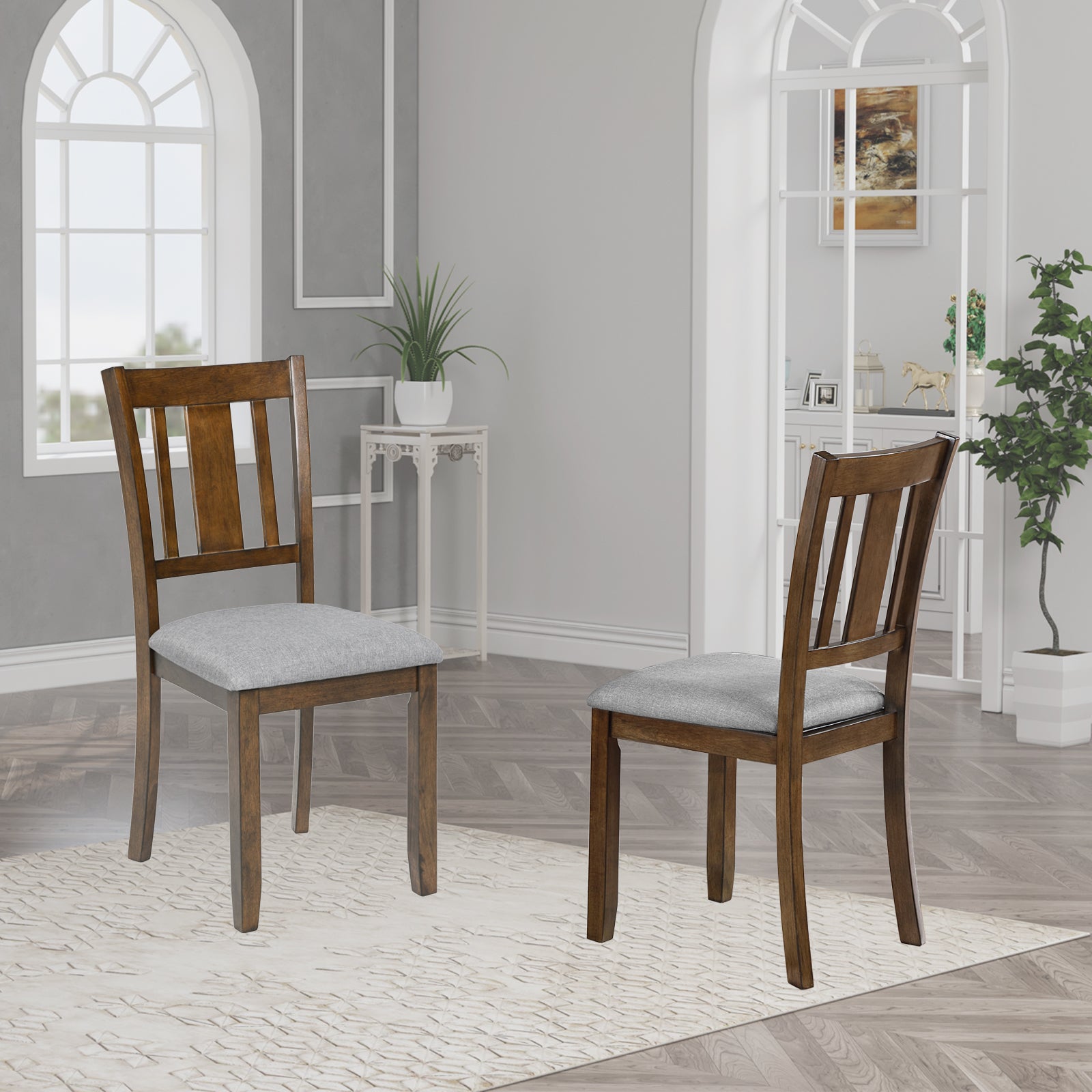 Wooden dining chair with light grey upholstered seat