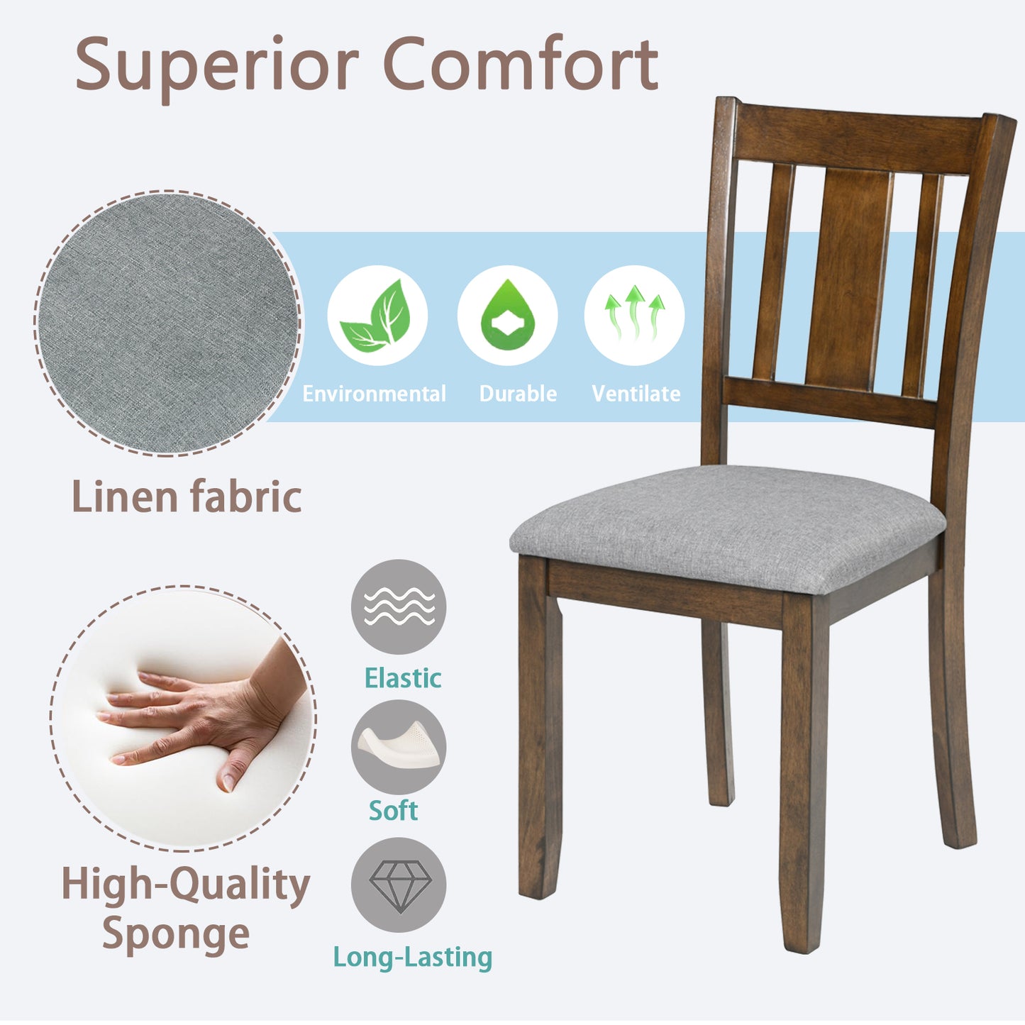 Brown wooden dining chair with grey linen seat and back