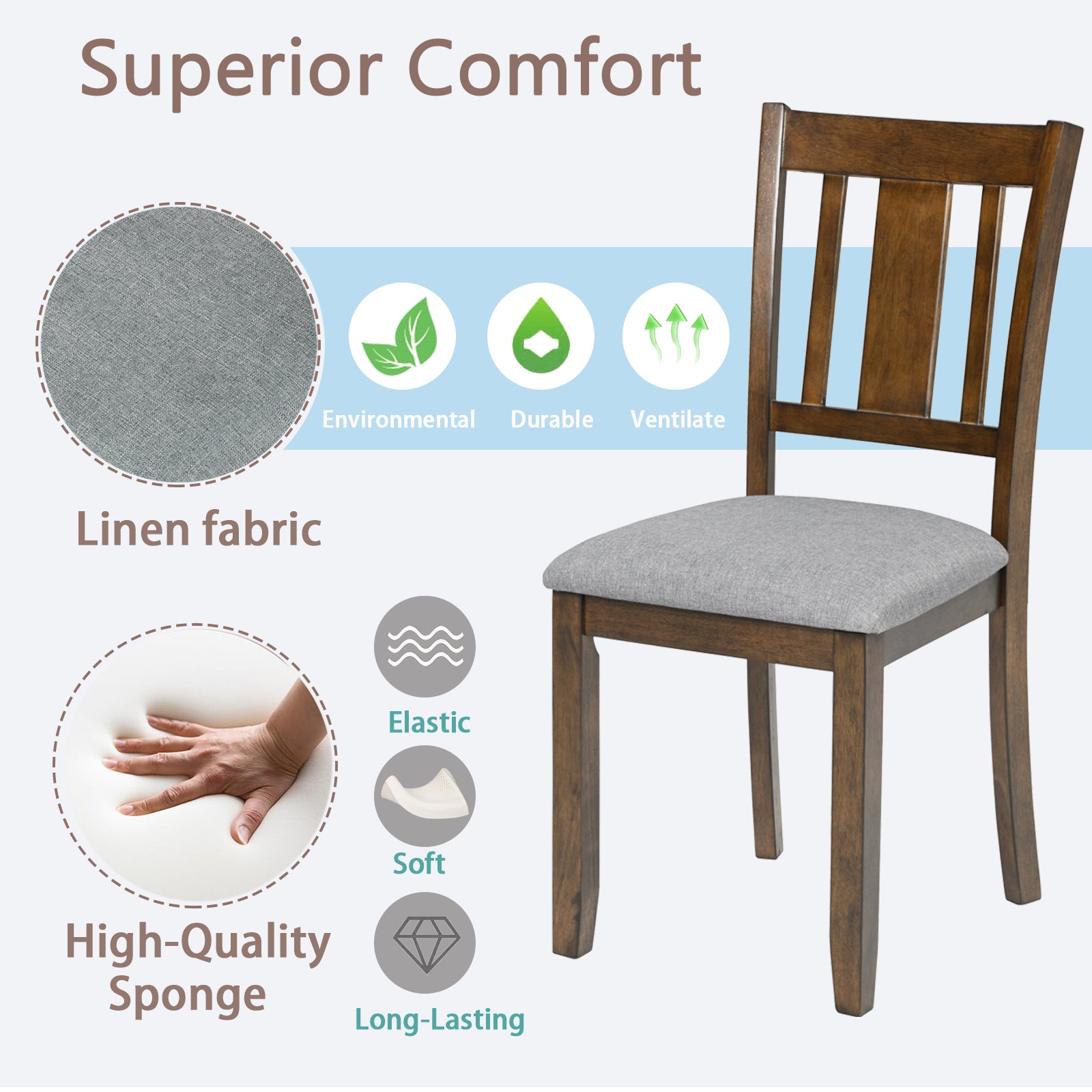 Brown wooden dining chair with grey linen seat and back