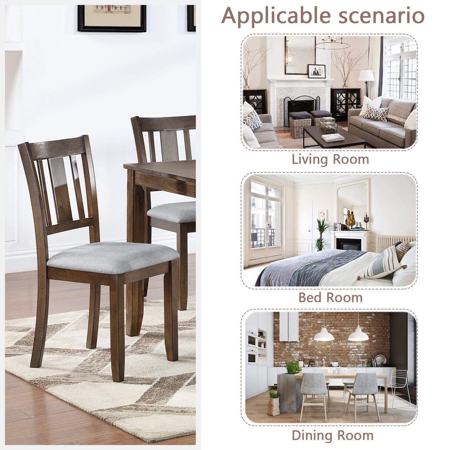 Wooden dining chair with grey upholstered seat