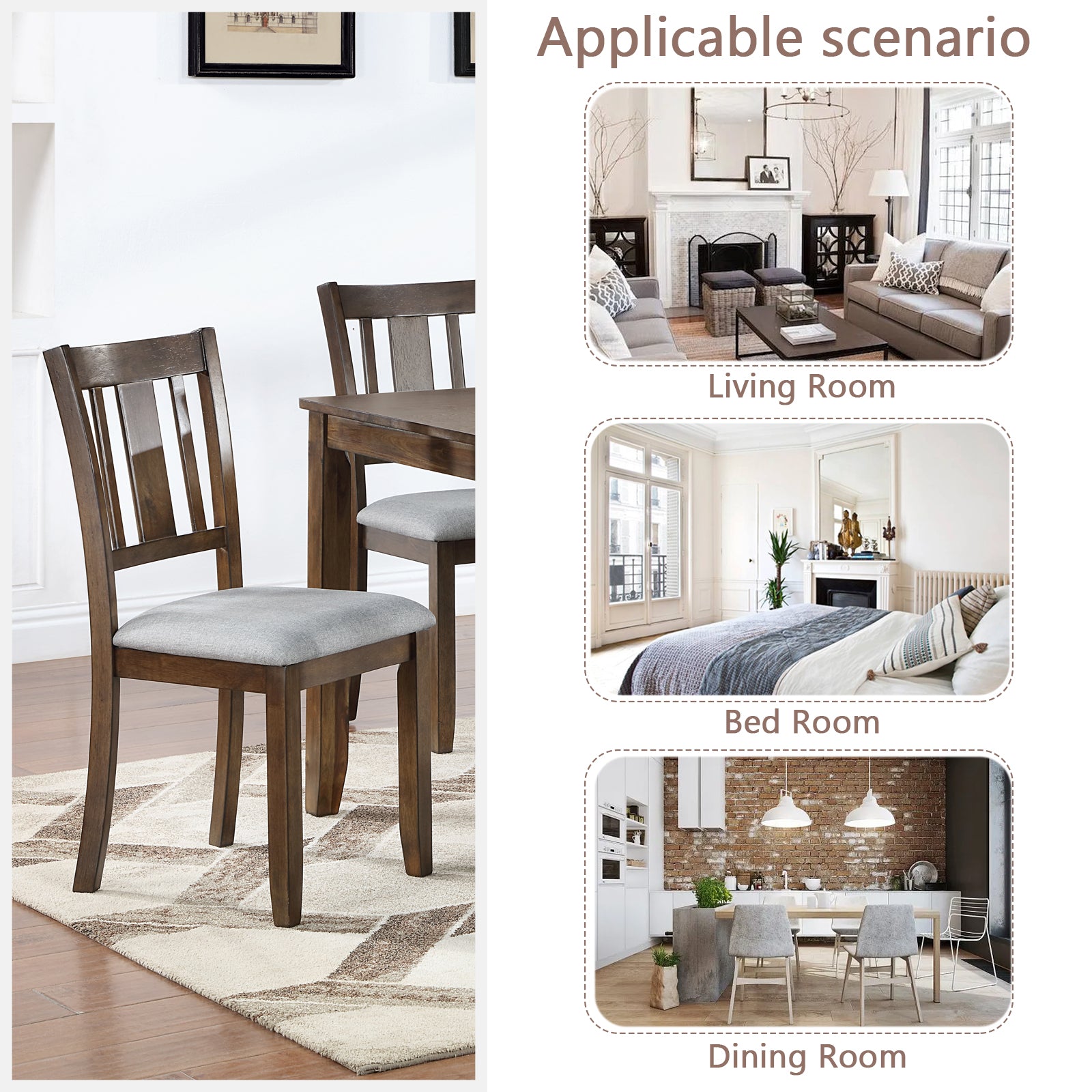 Wooden dining chair with grey upholstered seat