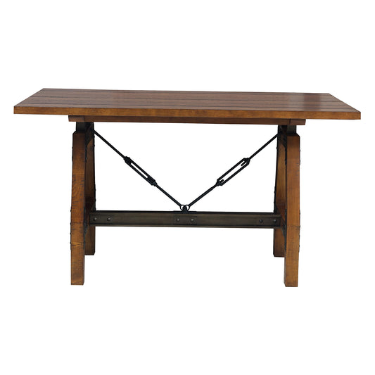 Rustic oak dining table with dark metal hardware accents
