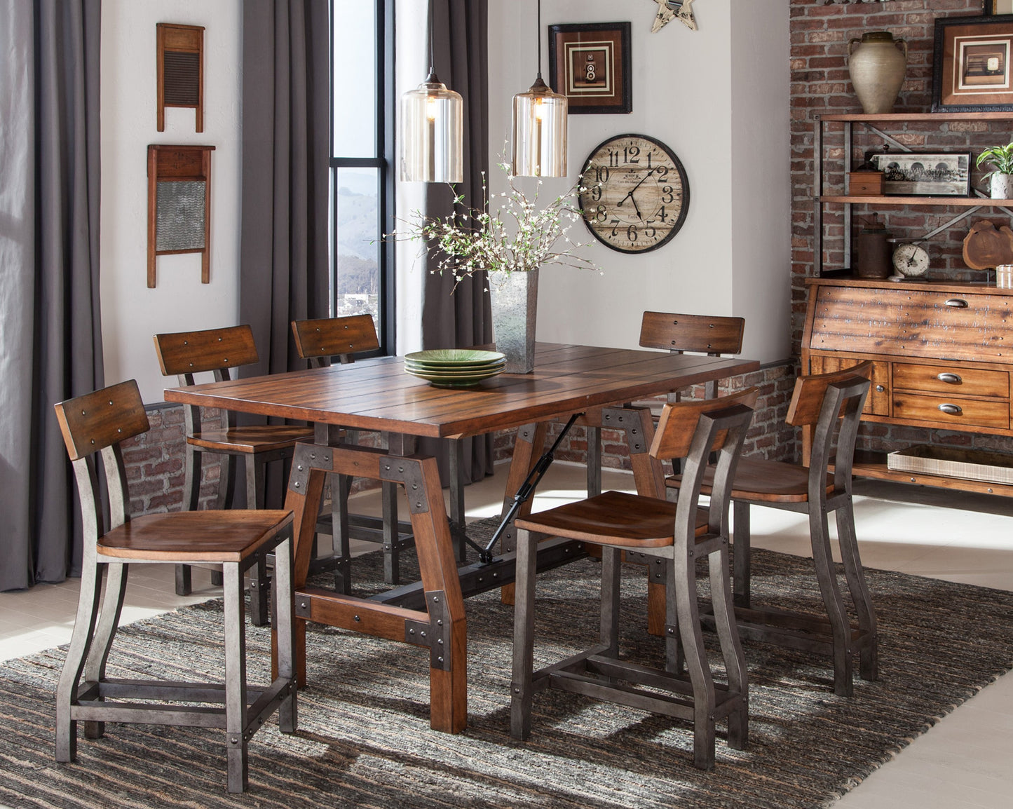 Rustic industrial dining set with wooden table and metal chairs