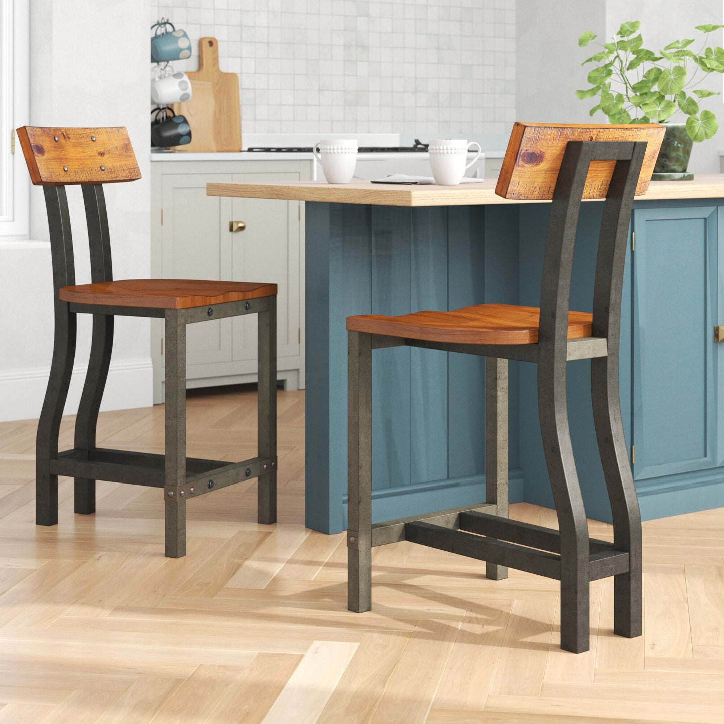 Rustic wooden and dark metal bar stool with curved legs