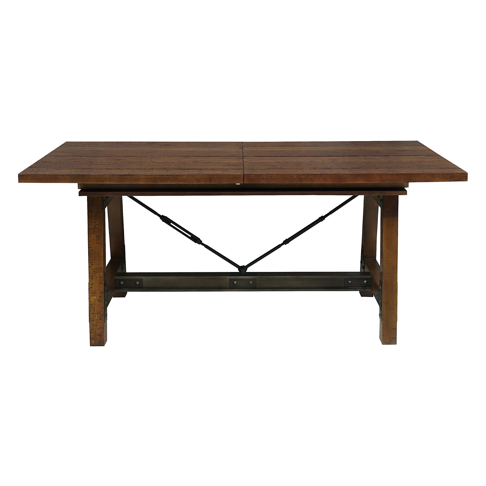 Rustic dark wood dining table with metal accents