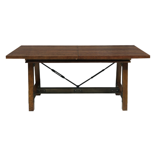 Rustic dark wood dining table with metal accents