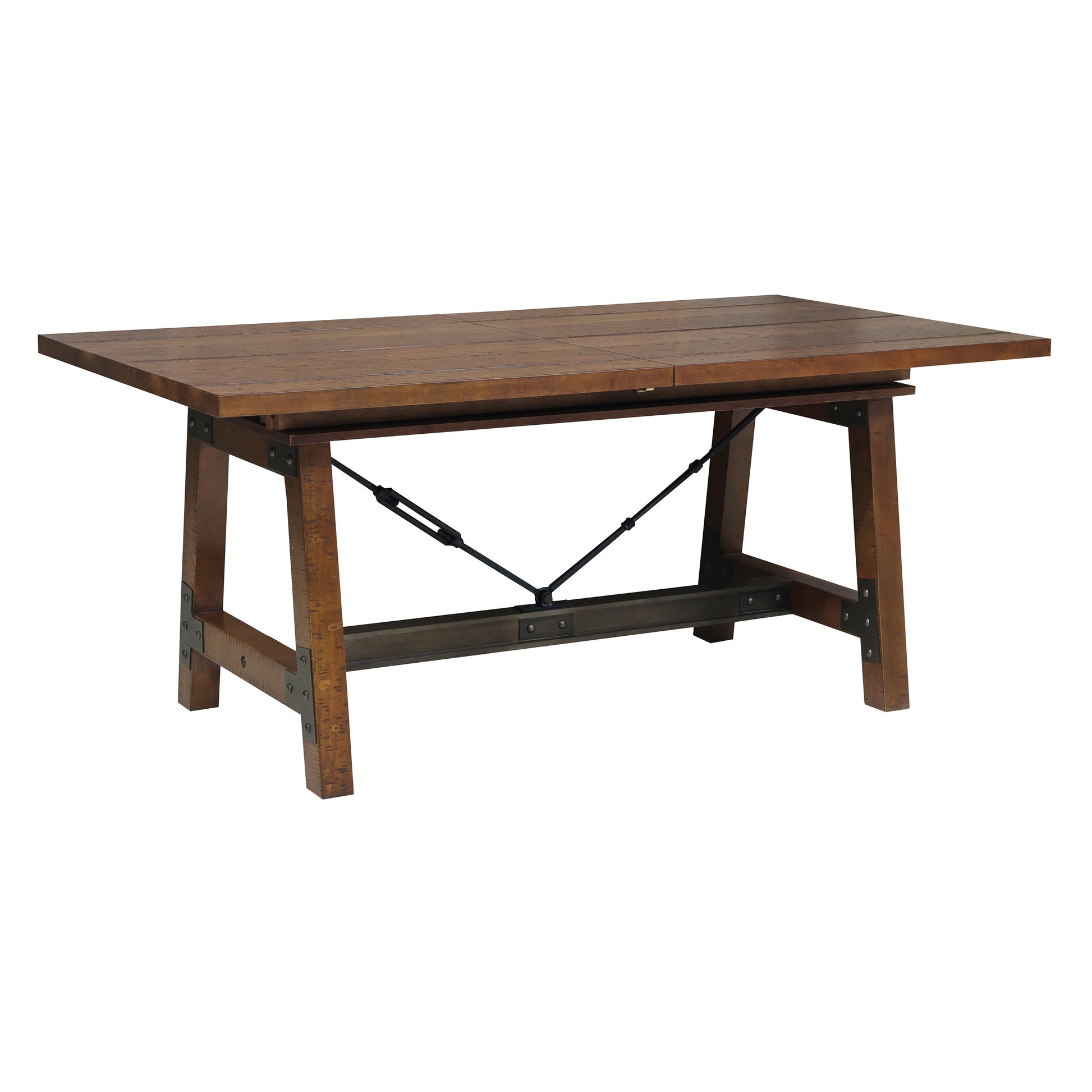 Rustic wooden dining table with extendable leaves and metal accents