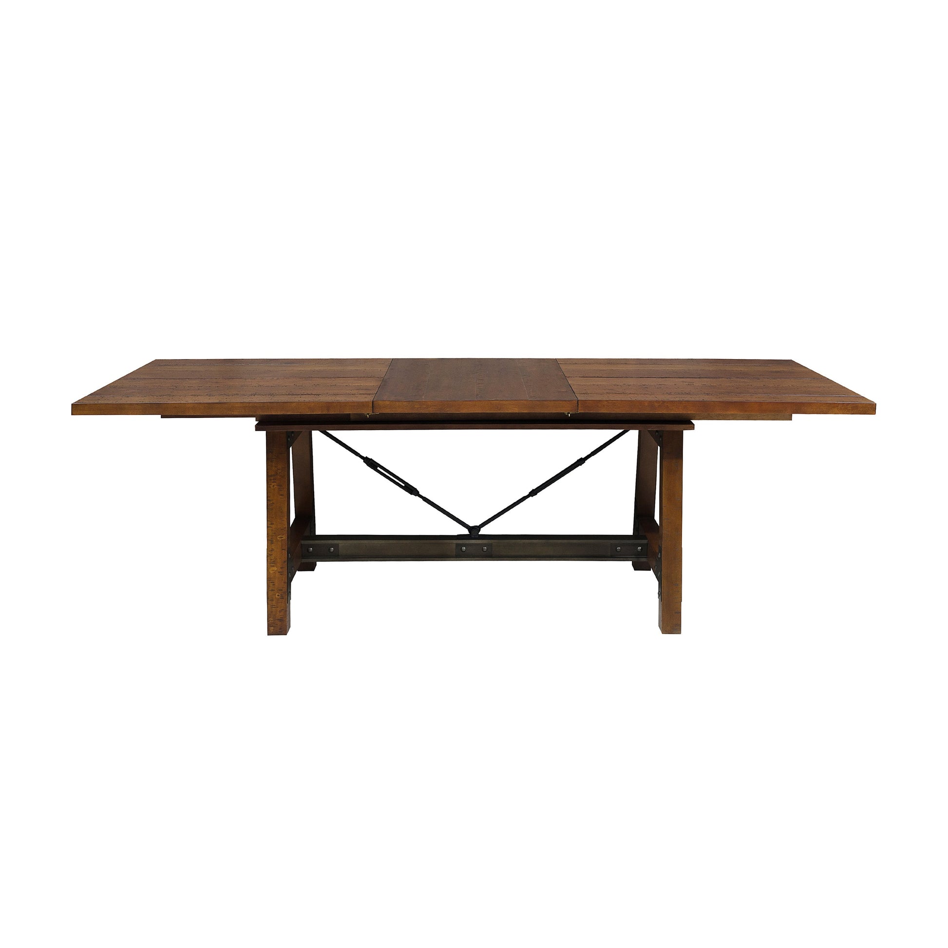 Rustic solid wood dining table with metal accents and extendable leaves