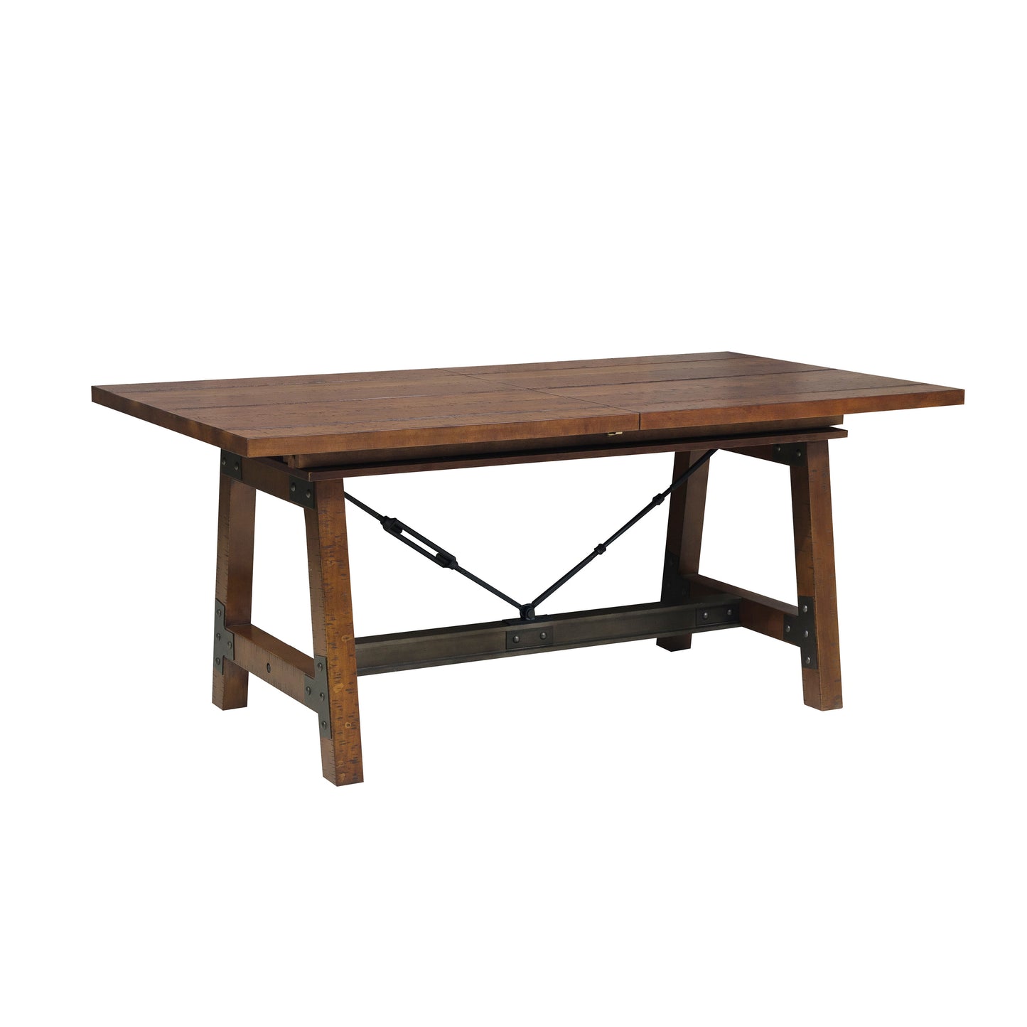 Rustic walnut wood dining table with metal accents