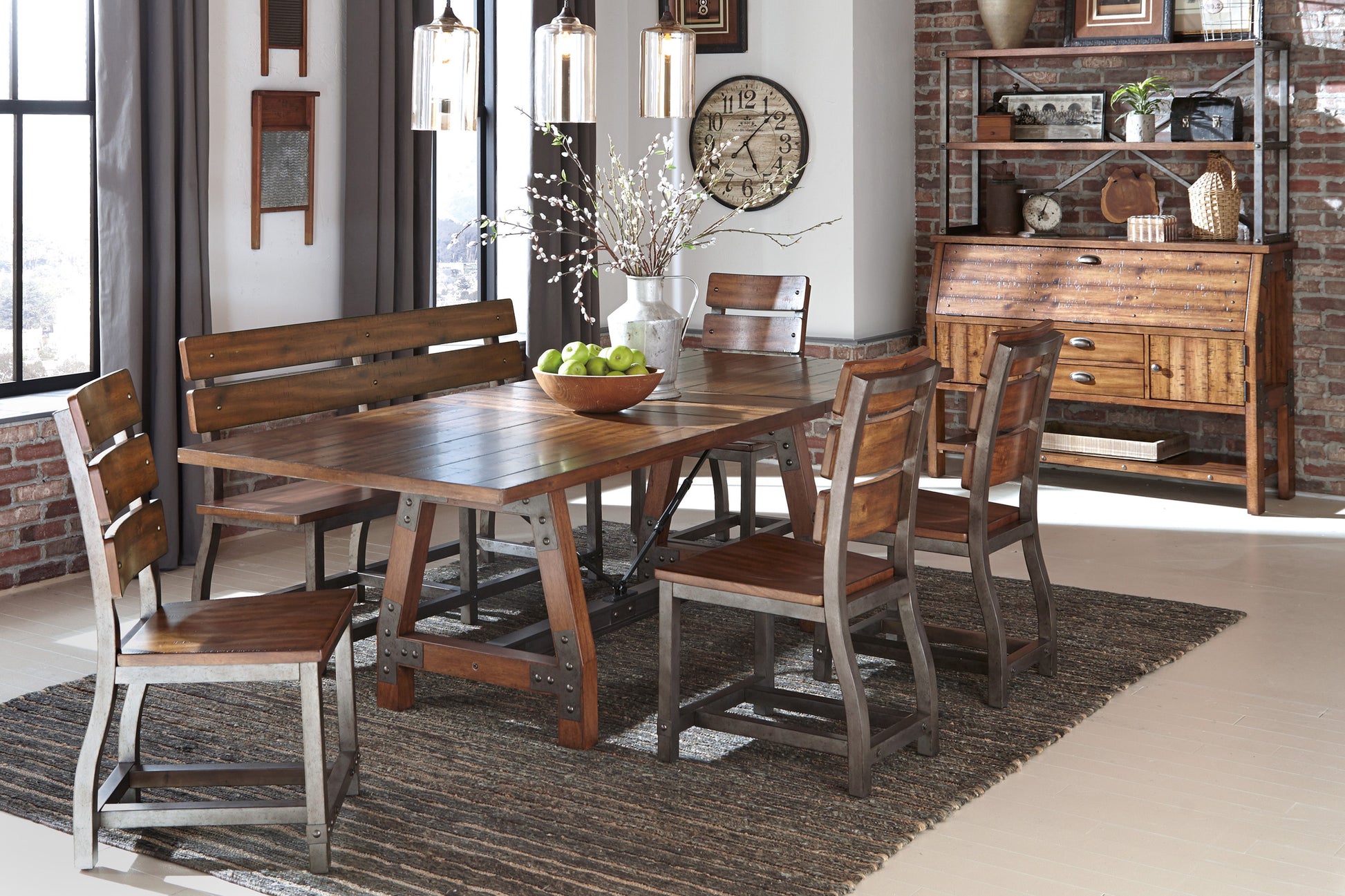 Rustic industrial dining table with metal accents and wooden chairs