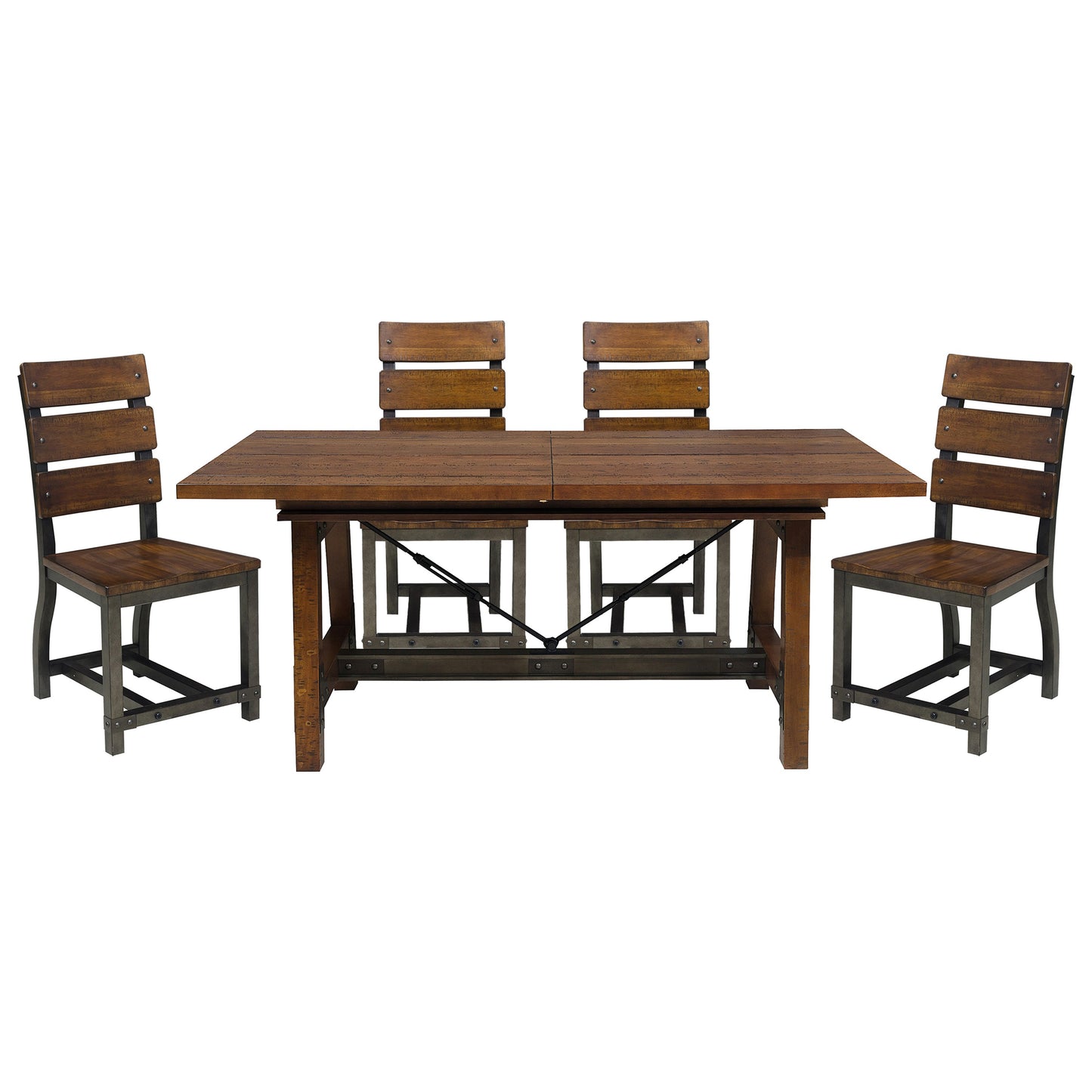 Rustic wooden dining table with four chairs featuring metal accents