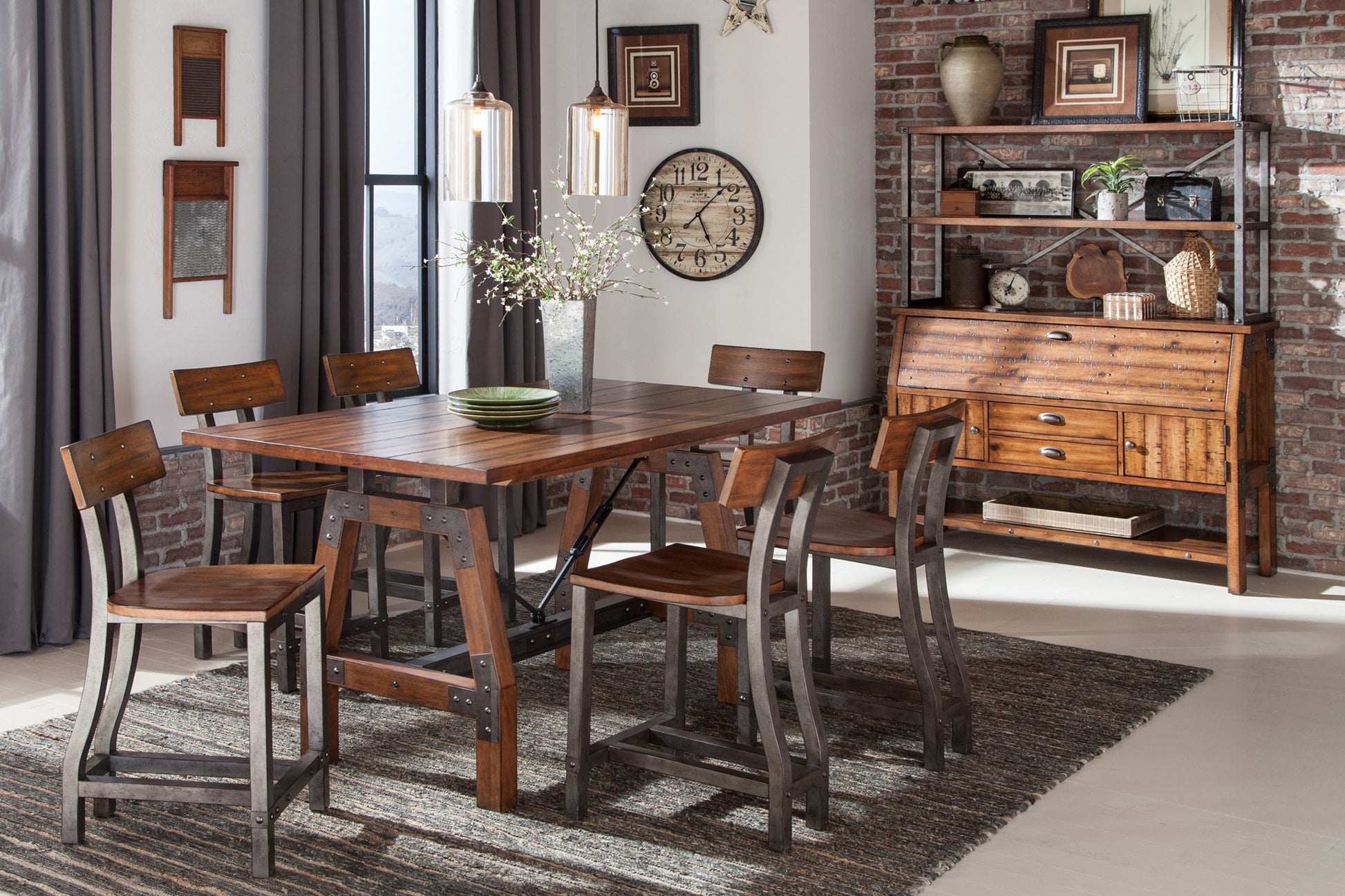 Rustic industrial wood and metal counter height table set