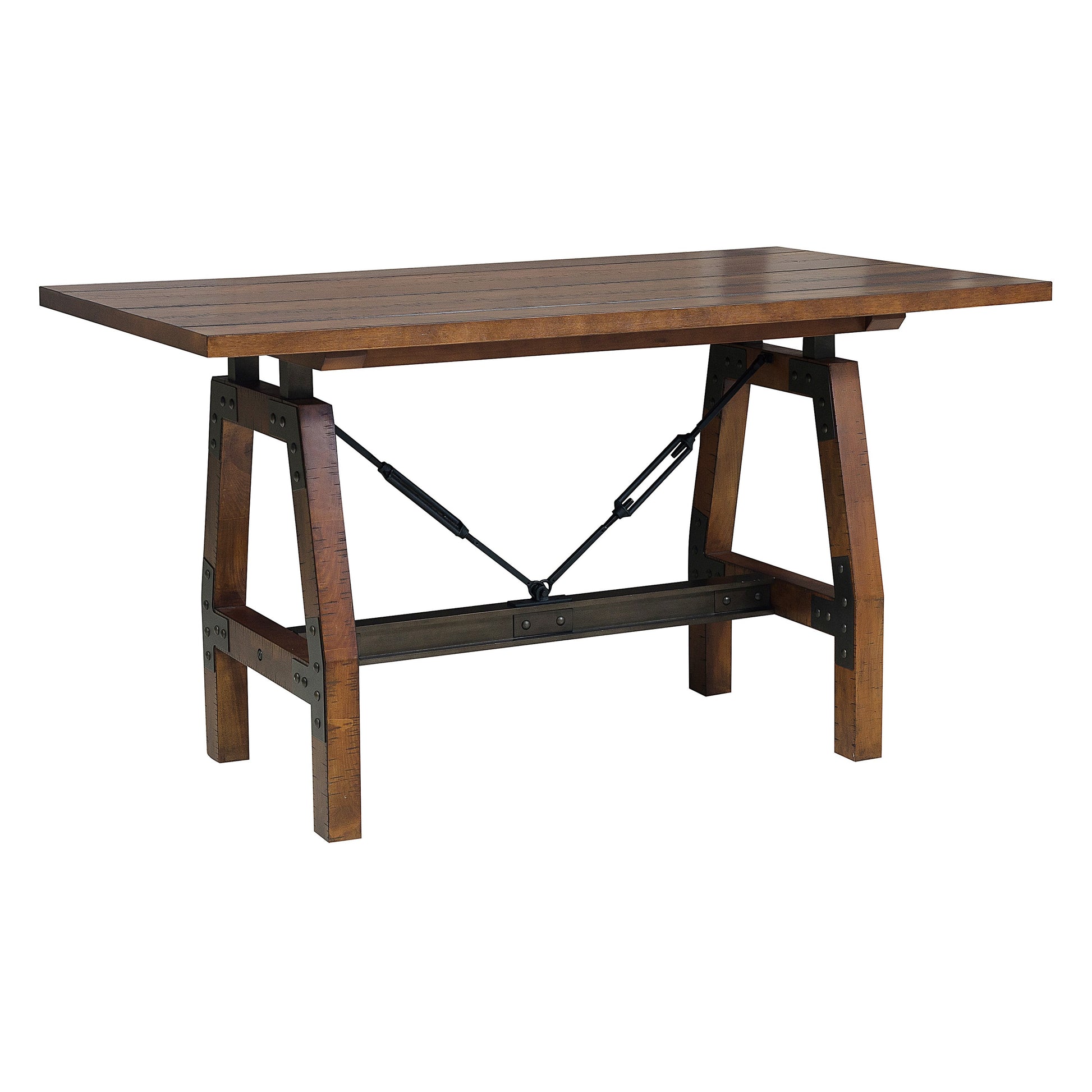 Rustic oak dining table with industrial metal base