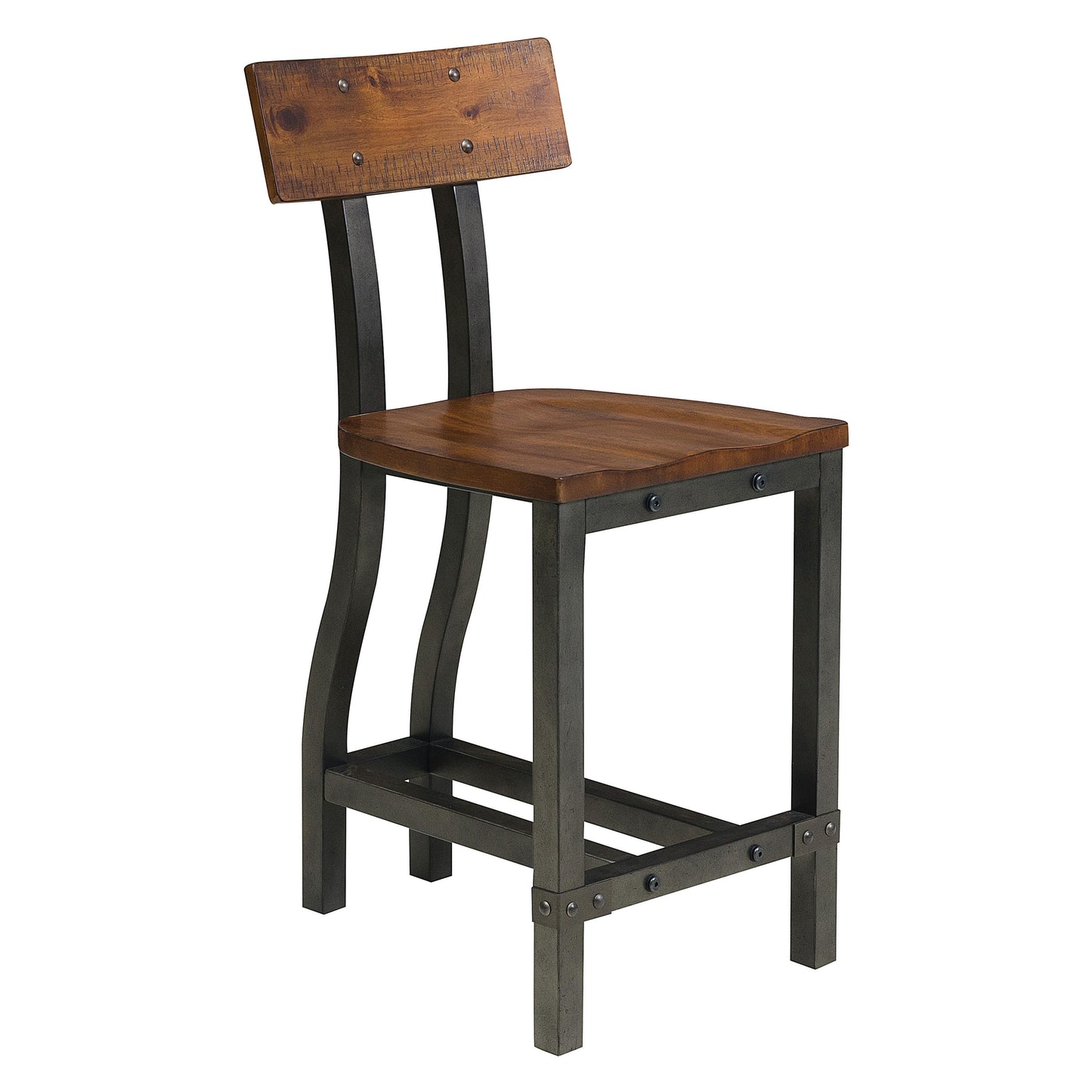 Rustic wood and metal bar stool with curved legs and distressed finish