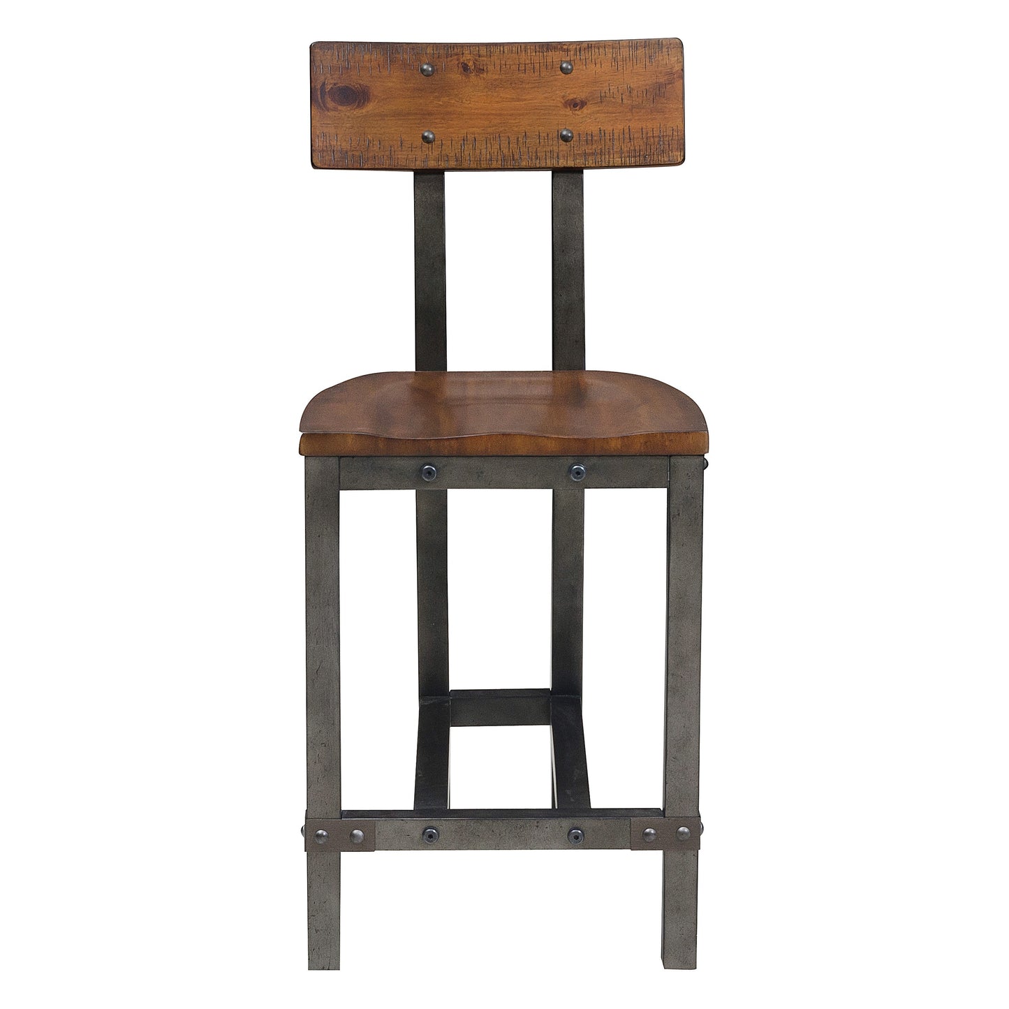 Rustic wooden and metal bar stool with distressed finish