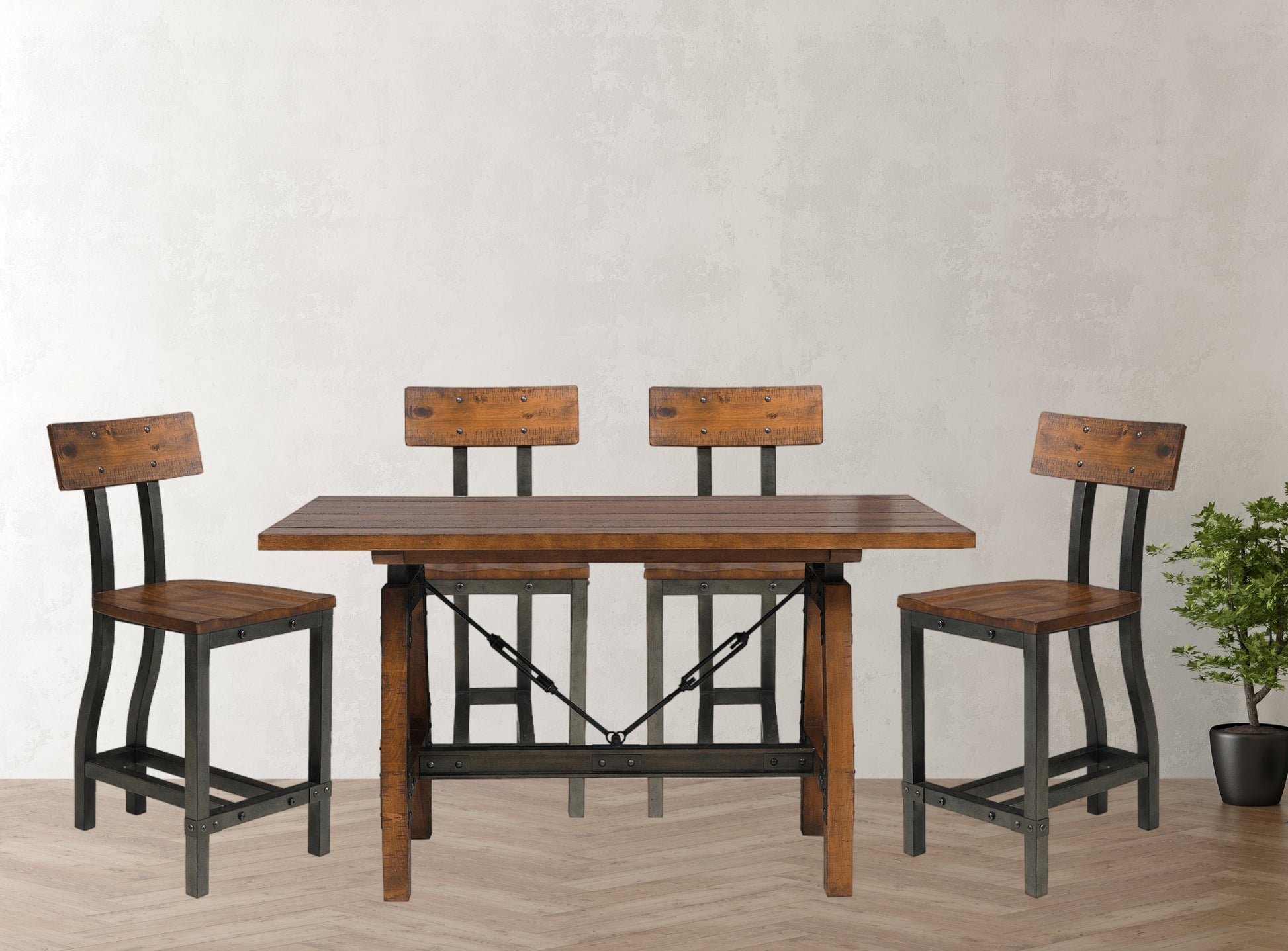 Rustic wood and metal dining table set with four chairs