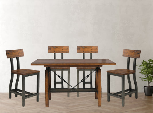 Rustic wood and metal dining table set with four chairs