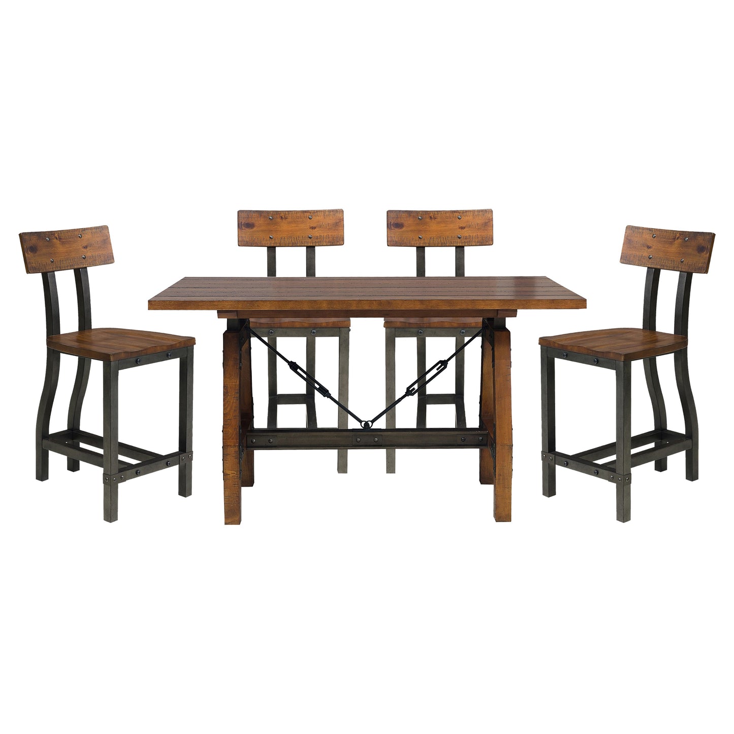 Industrial style wood and metal dining set with four counterheight chairs