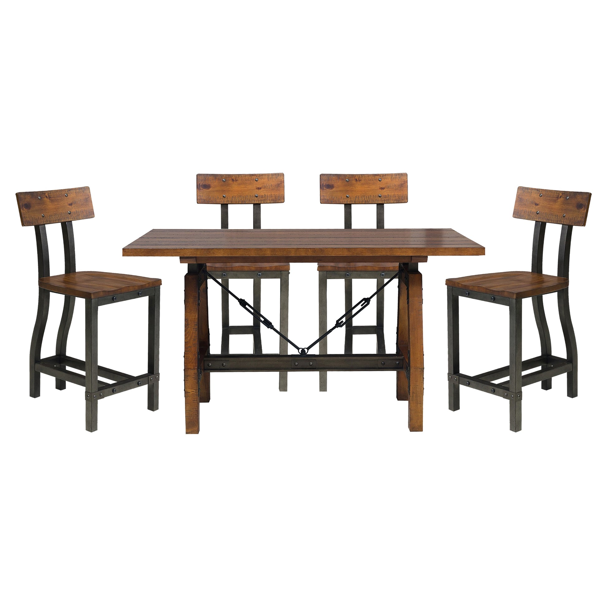 Industrial style wood and metal dining set with four counterheight chairs