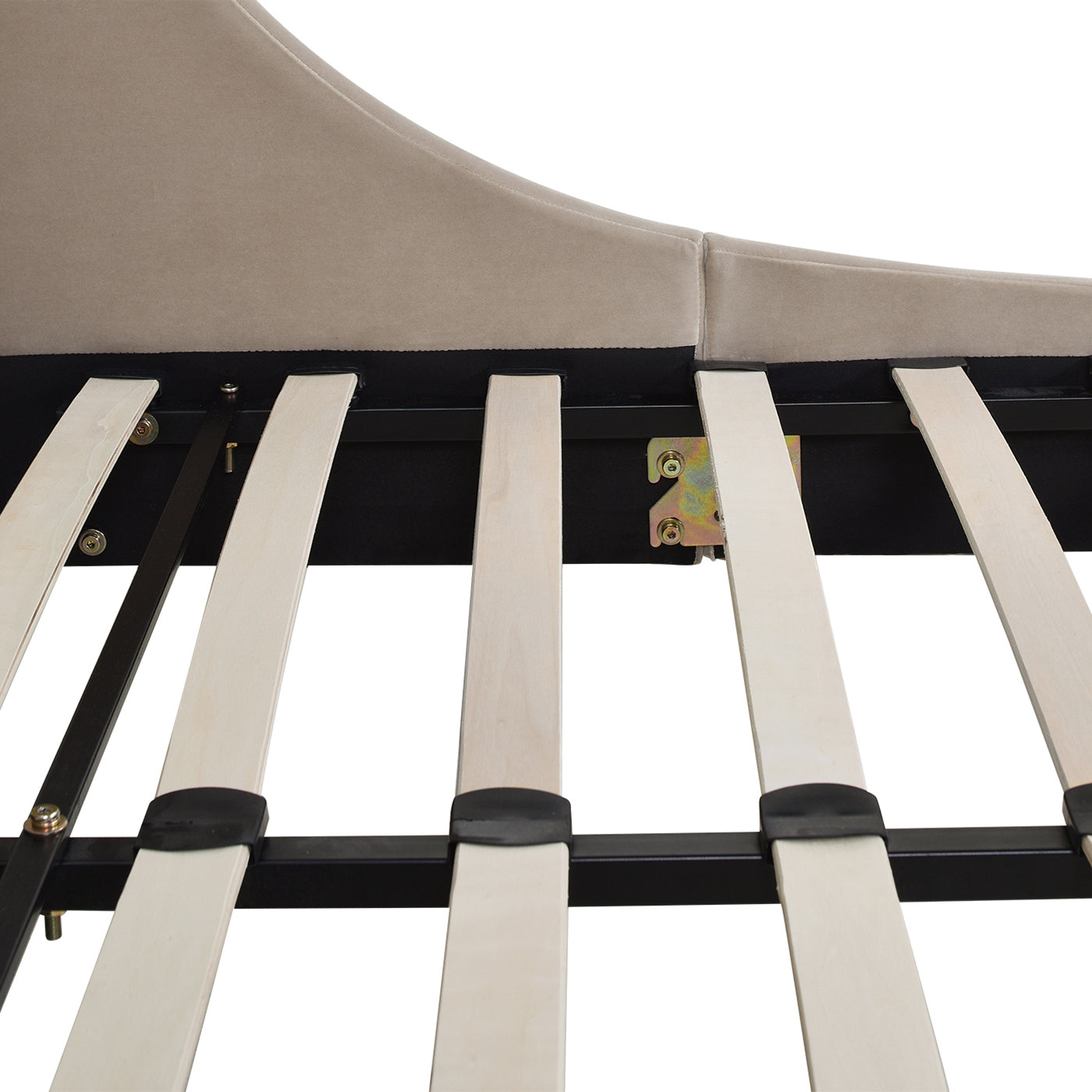 Close up of upholstered bed frame with wooden slats