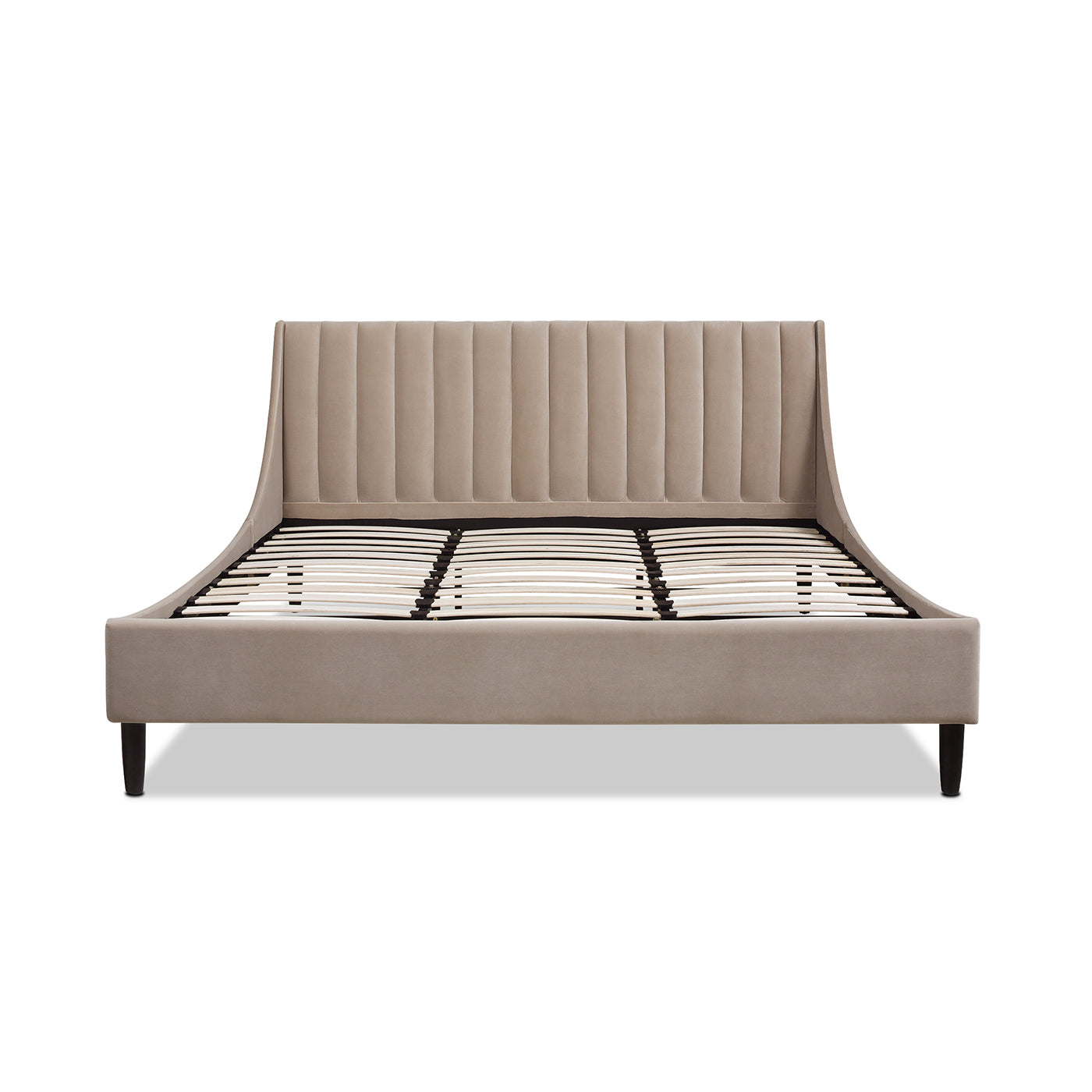 Upholstered beige velvet bed frame with vertical channel tufting on the headboard modern design