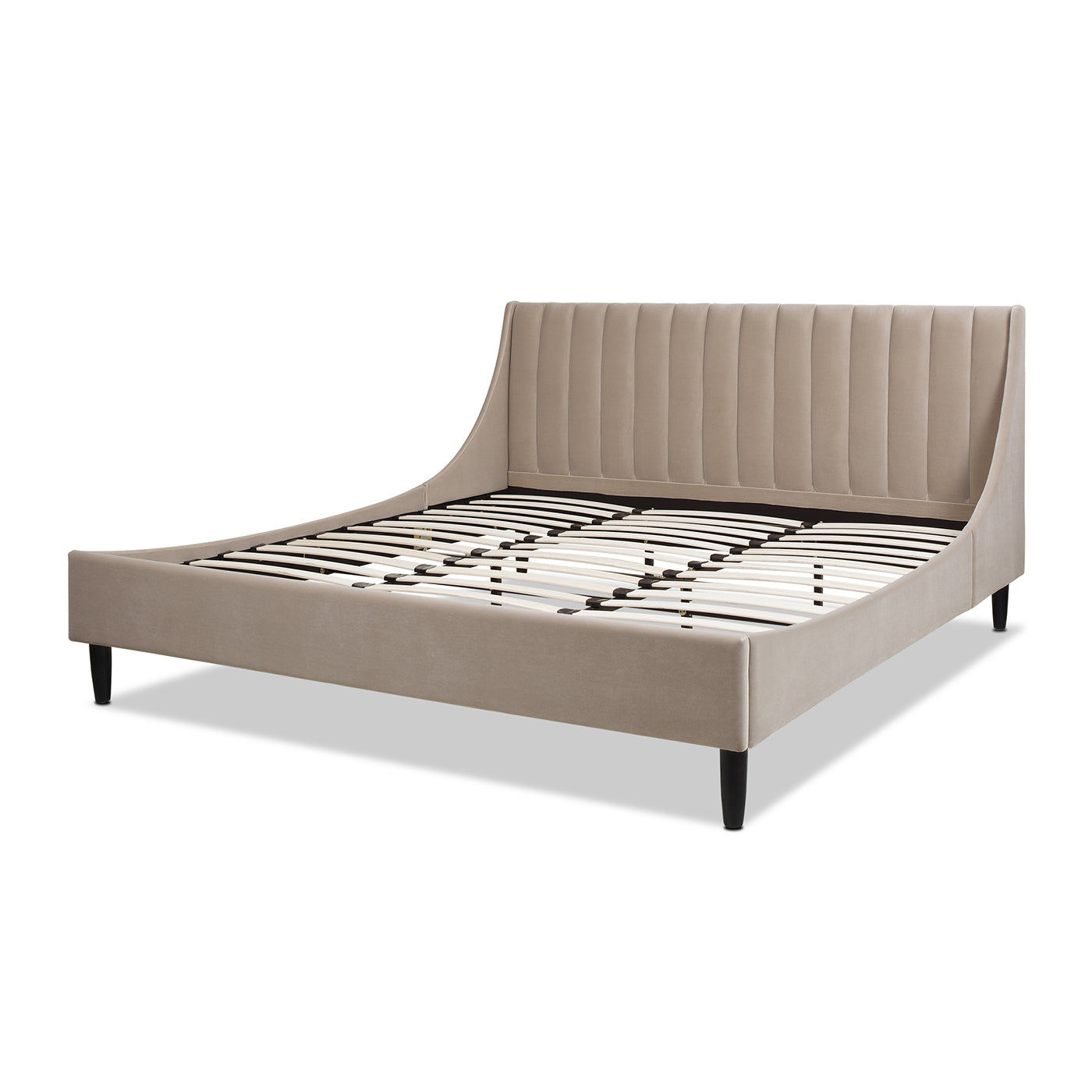 Modern taupe velvet bed frame with vertical channel tufting