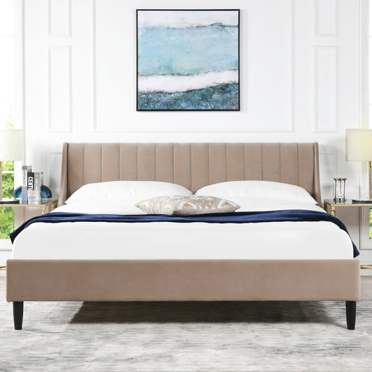 Taupe upholstered platform bed frame with vertical channel tufting on the headboard