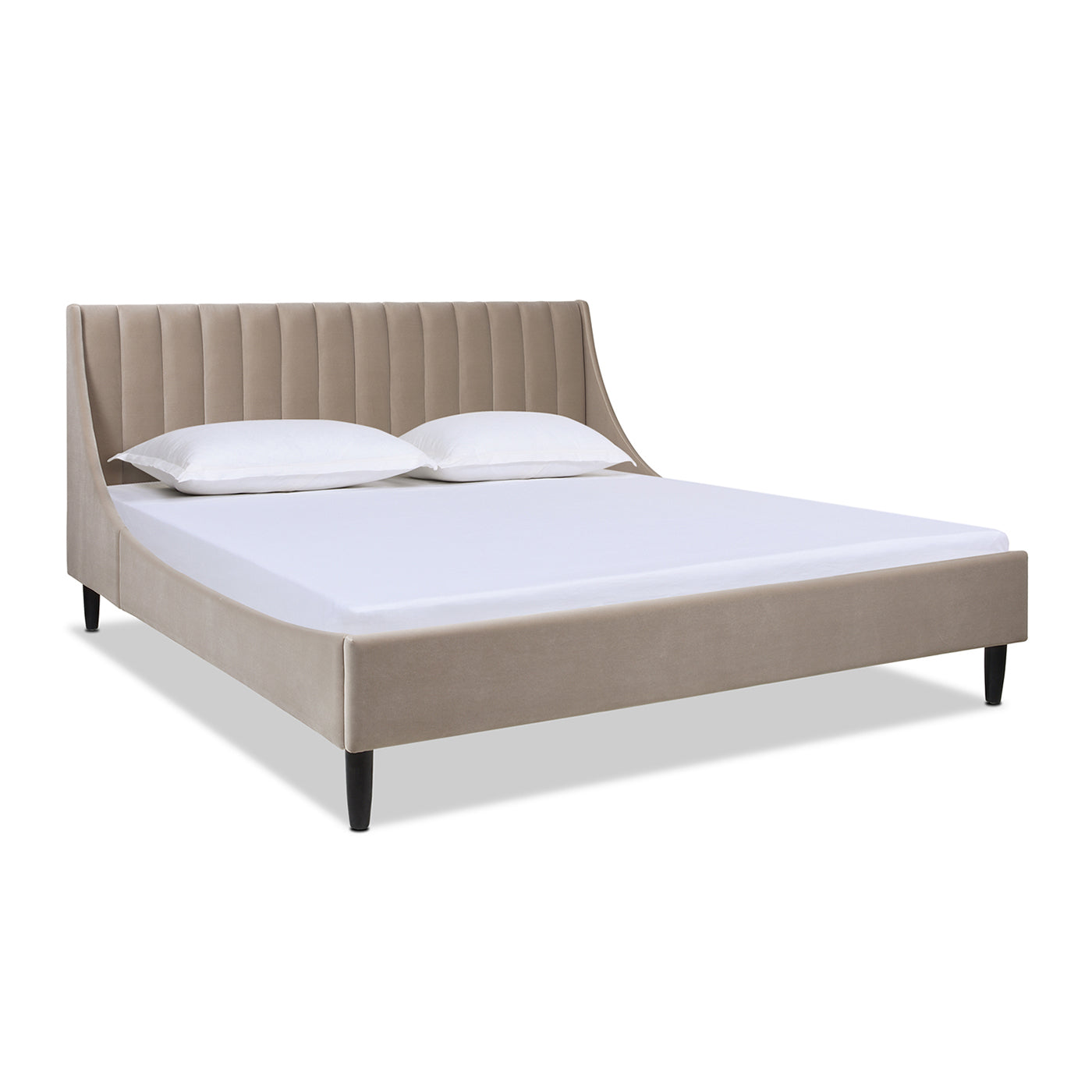 Modern beige velvet platform bed with channel tufted headboard and black legs