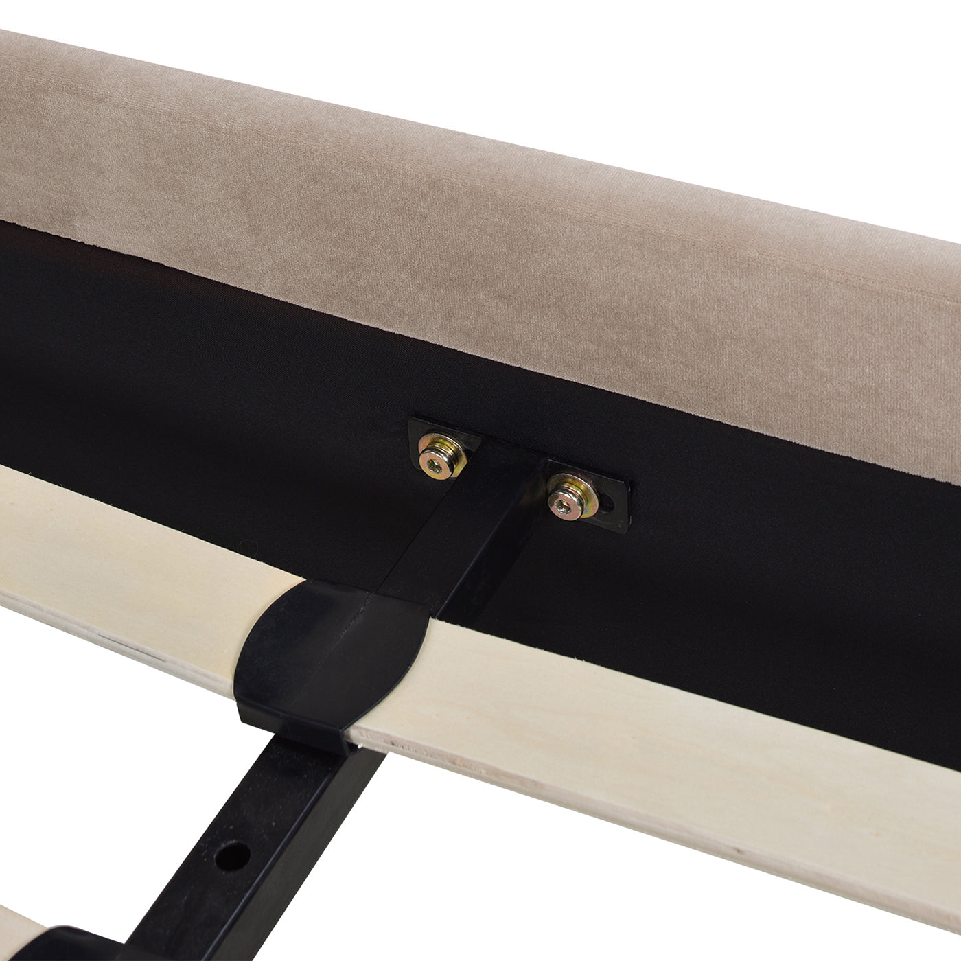 beige upholstered bed frame detail with metal support and wooden slats