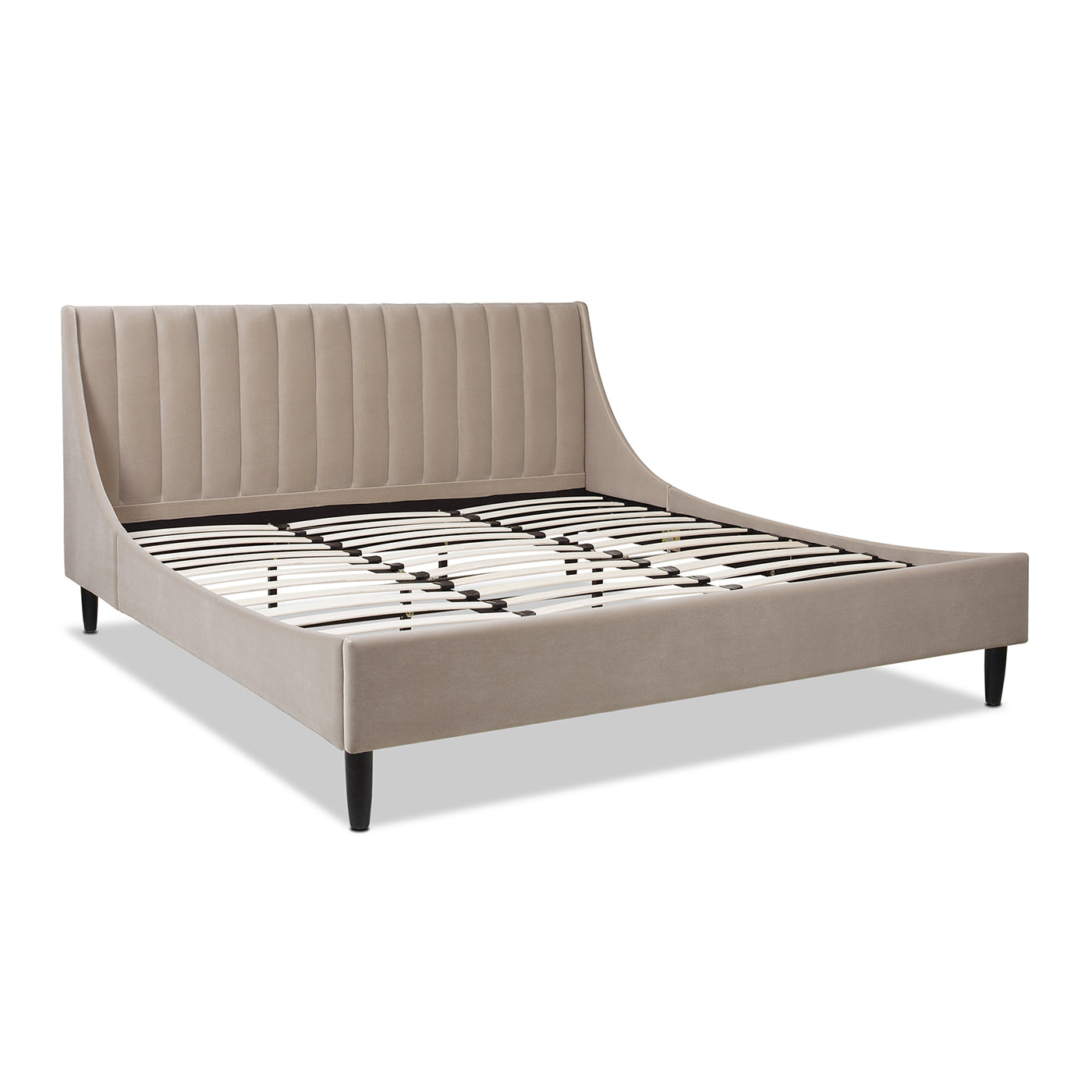 Beige upholstered platform bed frame with channel tufting