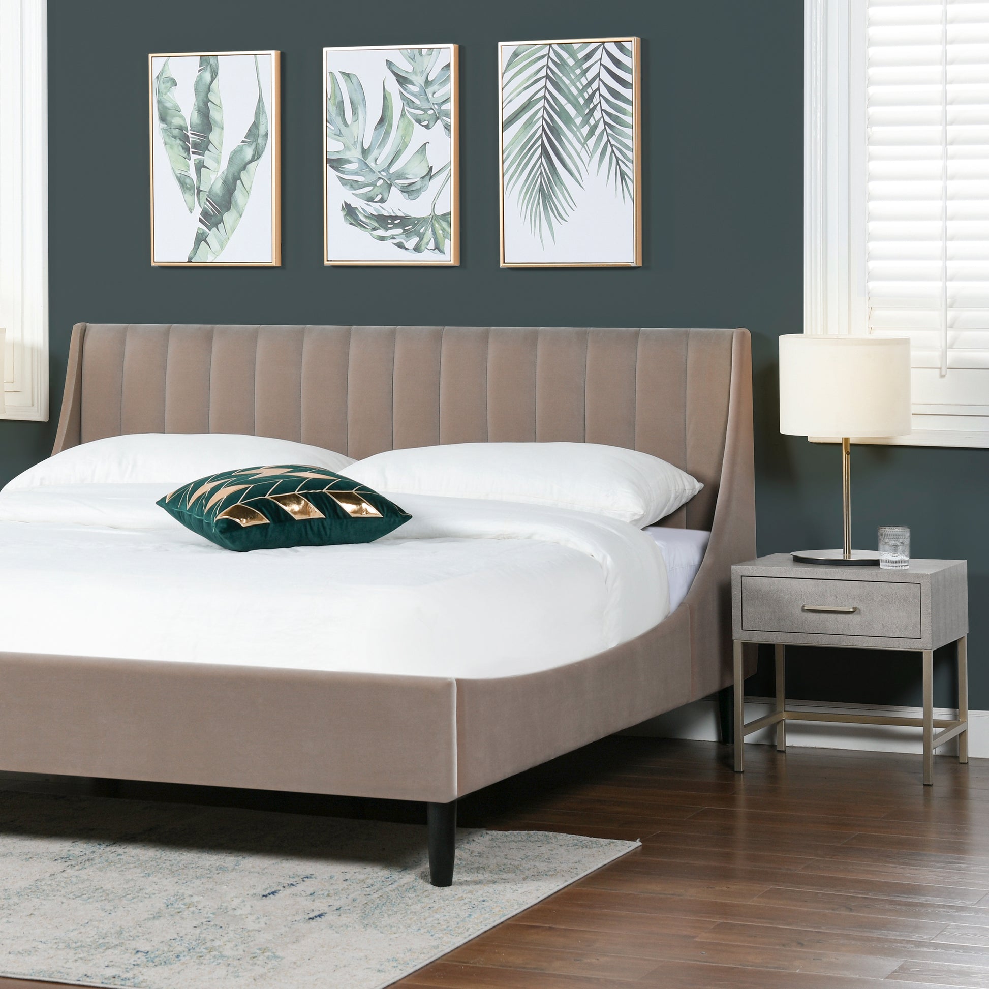 Taupe velvet upholstered bed frame with channeled headboard