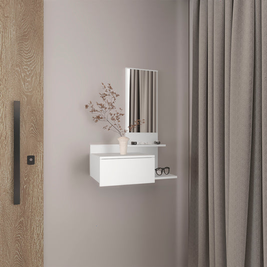 Modern white wallmounted entryway organizer with drawer and shelf