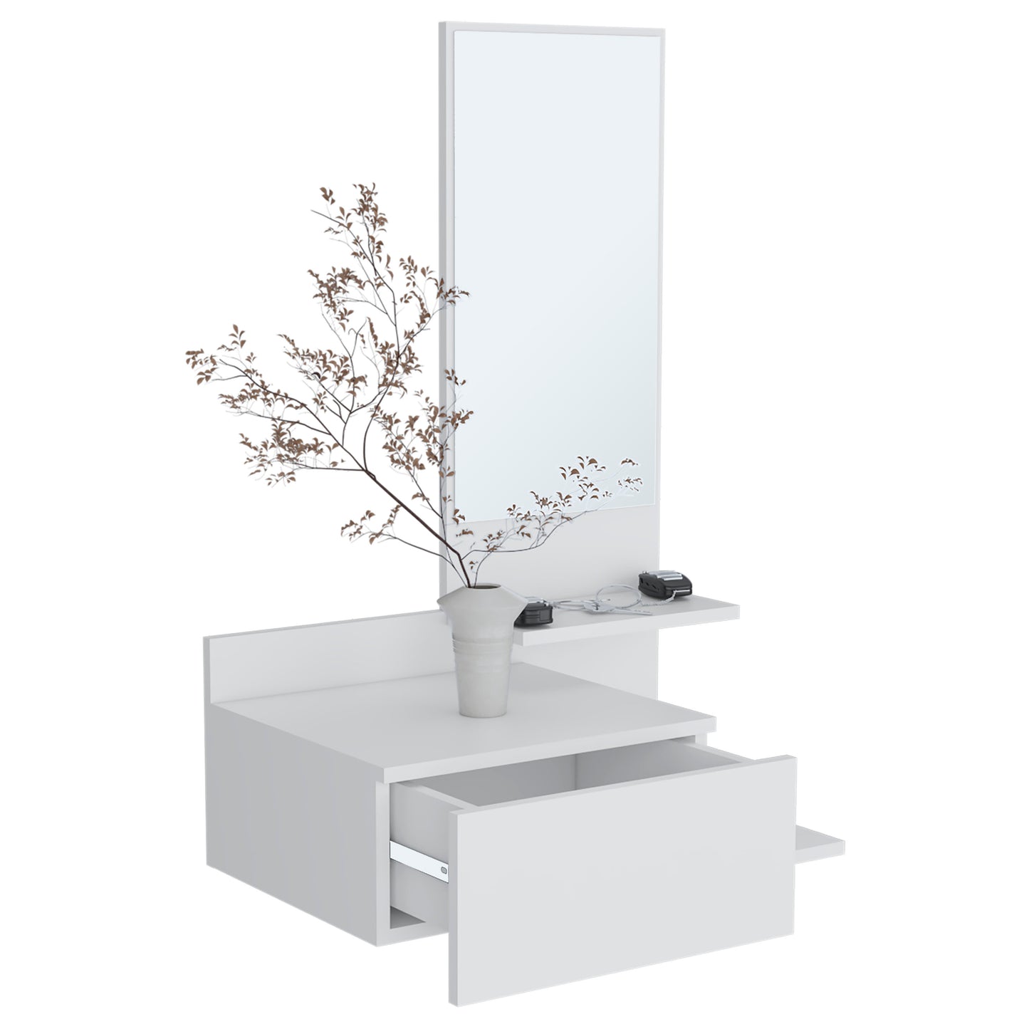 Modern white wallmounted bedside table with open drawer and mirror
