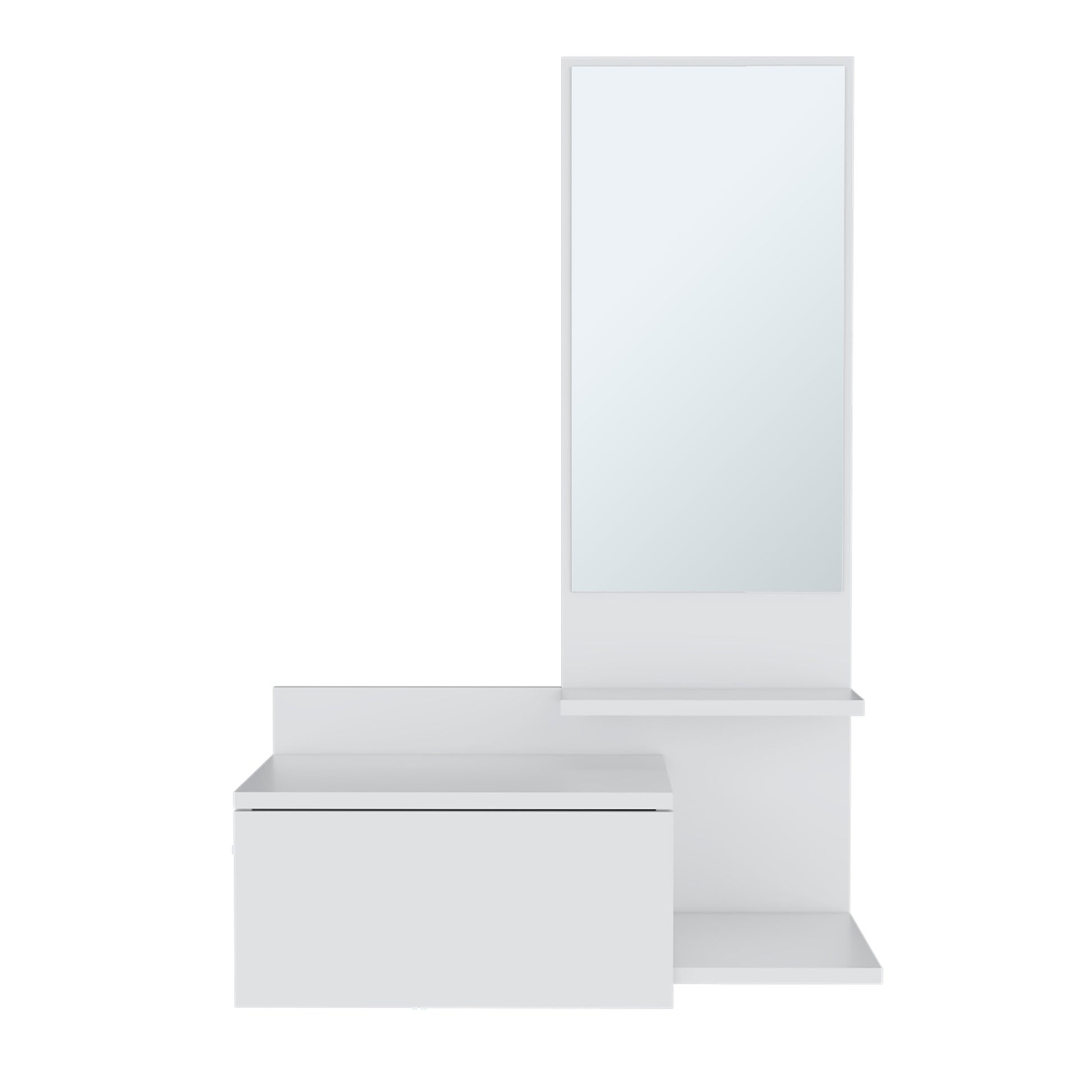 Modern white bathroom vanity with integrated mirror and shelves