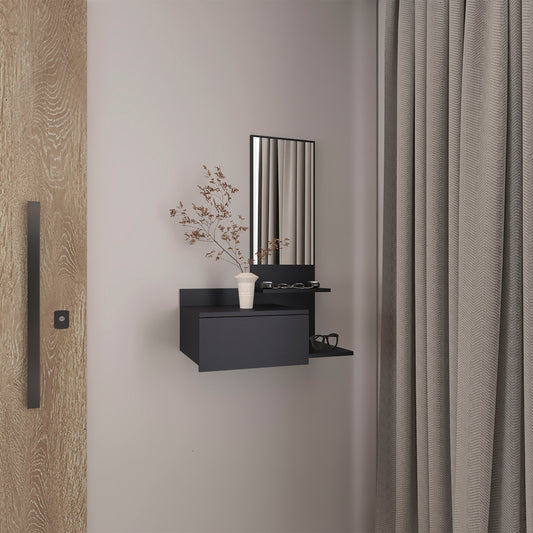 Dark gray modern wallmounted nightstand with drawer and shelf