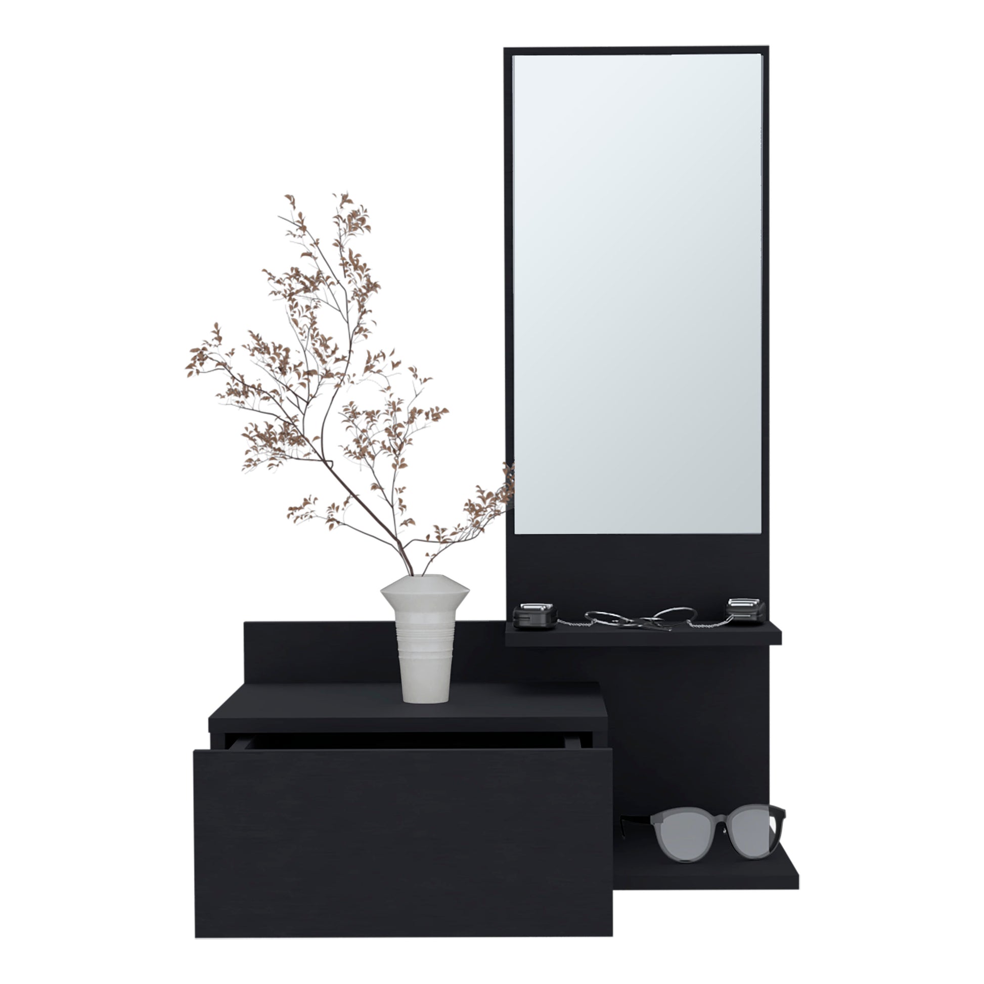Modern black entryway console with integrated mirror and drawer
